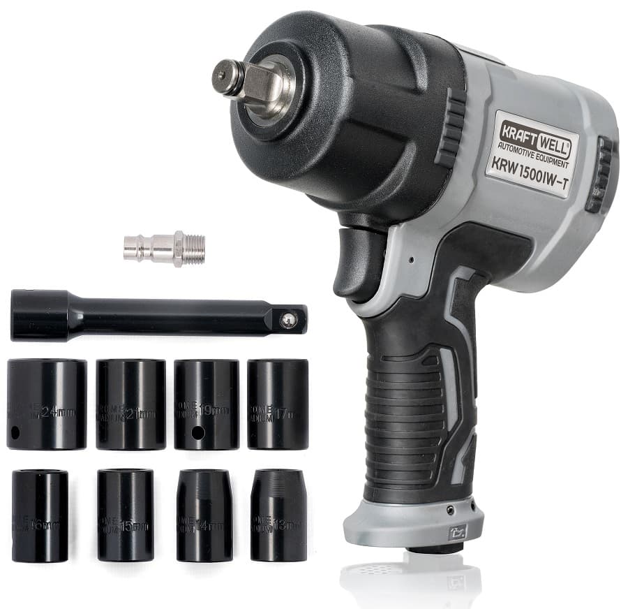 Гайковерт пневматический 1/2″, 1500 Нм с комплектом ударных головок KraftWell KRW1500IW-T