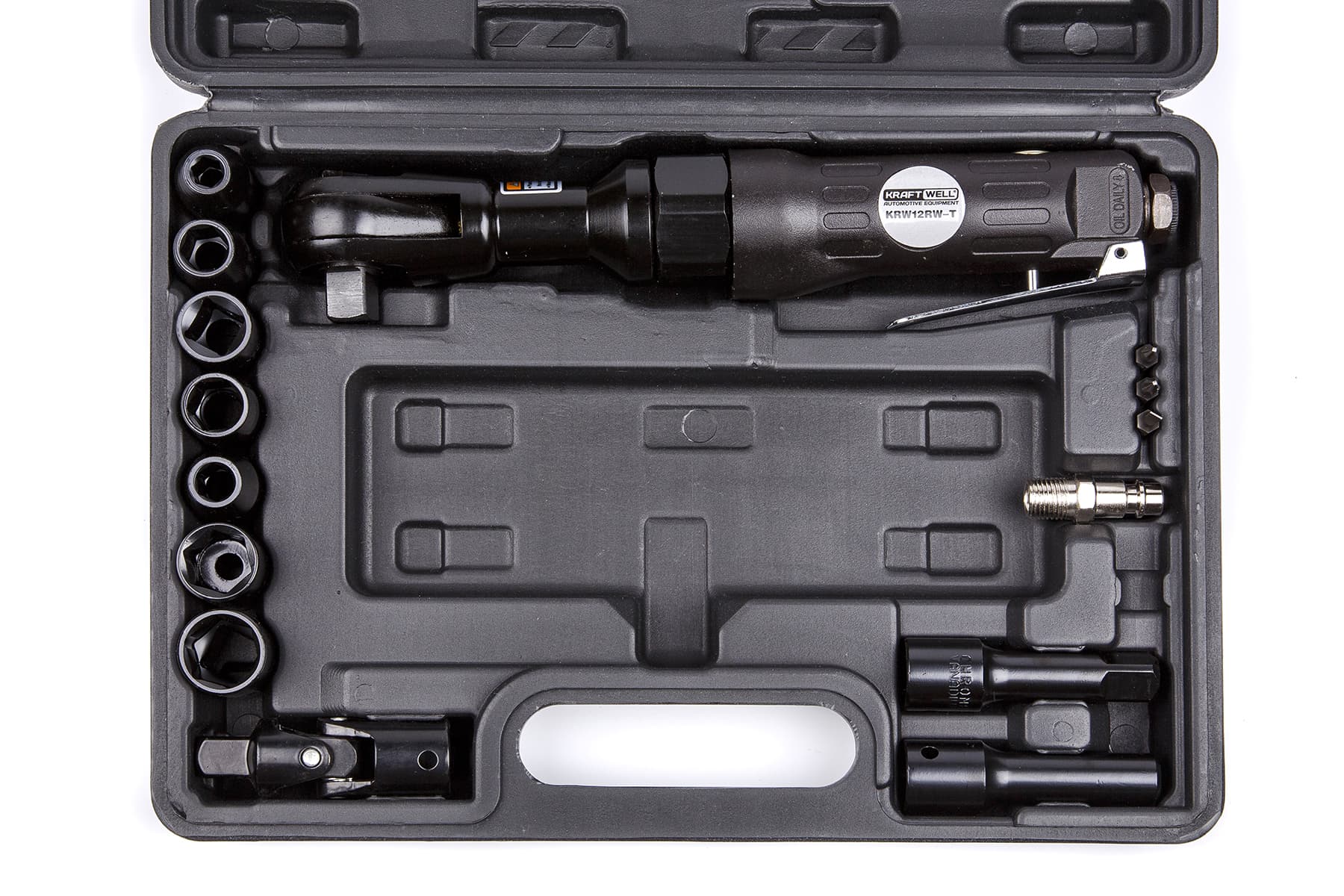 Пневматическая трещотка 1/2″, с набором головок в кейсе KraftWell KRW12RW-T