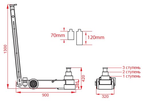 Домкрат пневмогидравлический KraftWell KRWAJ70-3T — 70/40/20 т, подкатной