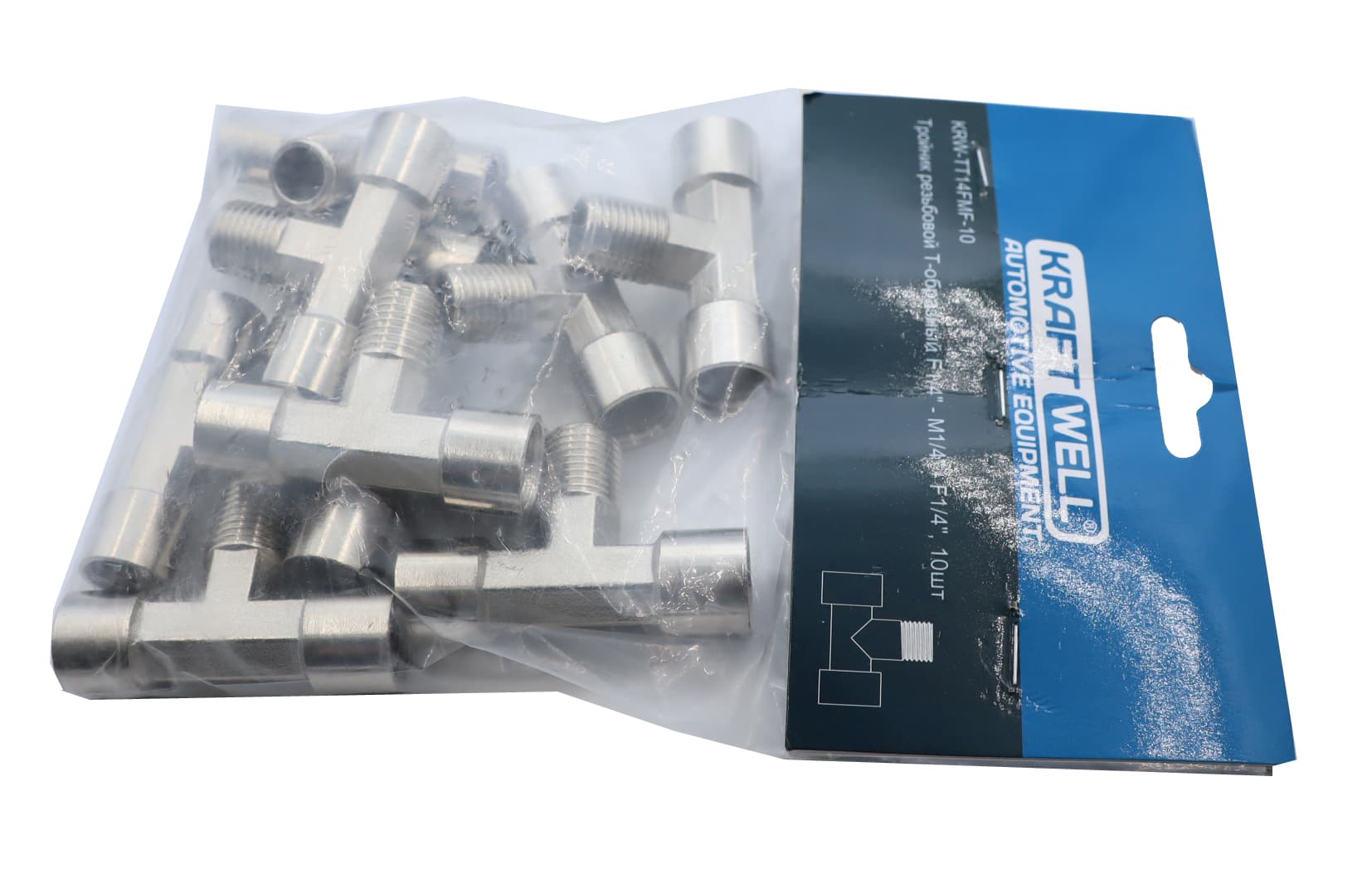 Тройник резьбовой Т-образный F1/4″ — M1/4″ — F1/4″, 10 шт KraftWell KRW-TT14FMF-10