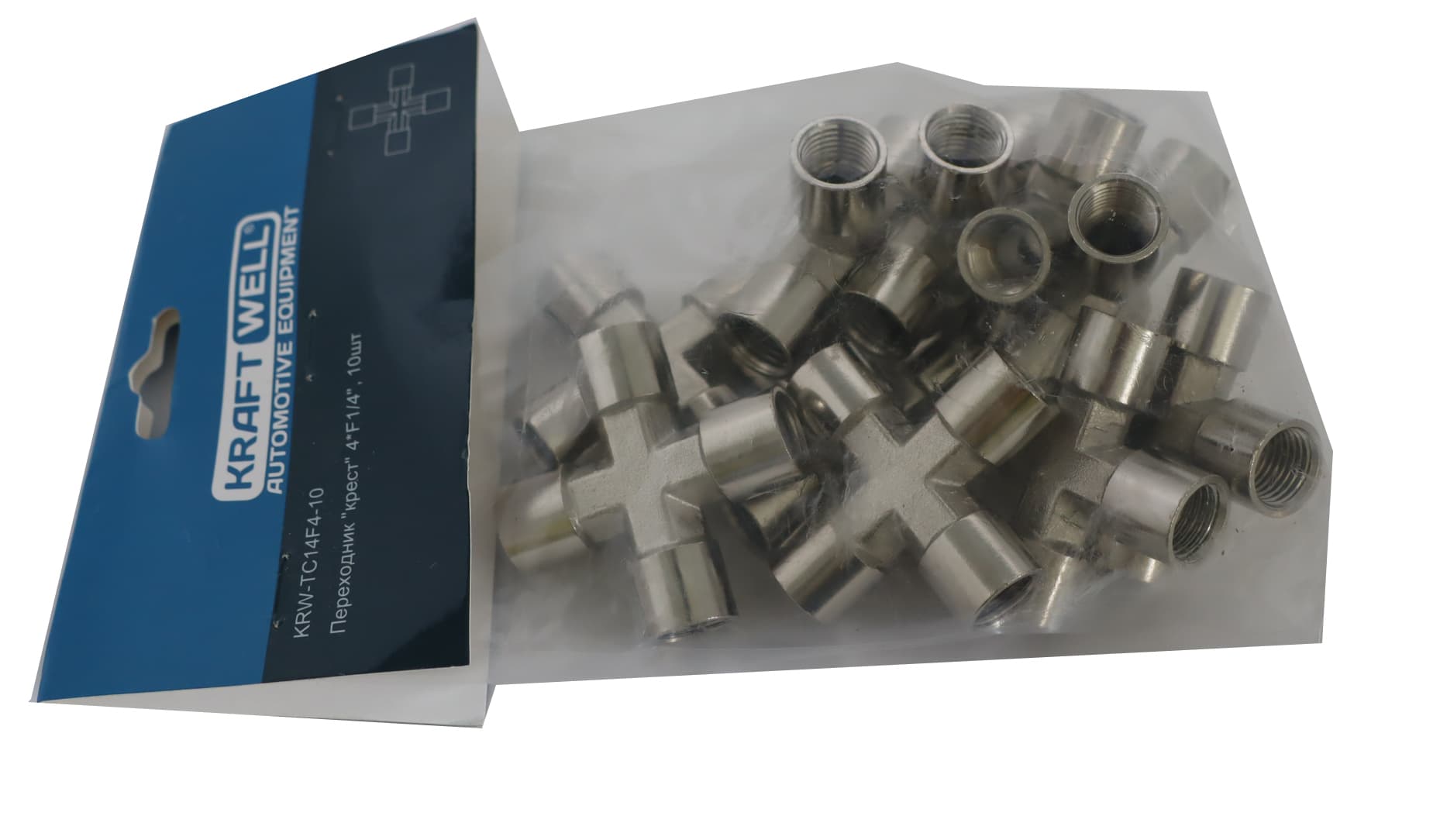 Переходник «крест» 4*F1/4″, 10 шт KraftWell KRW-TC14F4-10