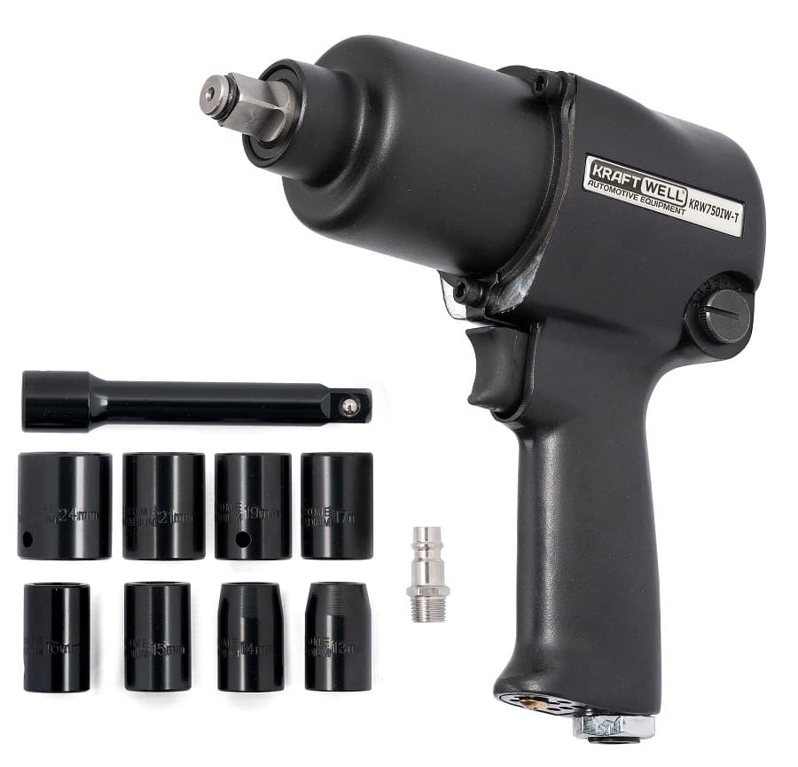 Гайковерт пневматический 1/2″ 780 Нм с комплектом ударных головок KraftWell KRW750IW-T