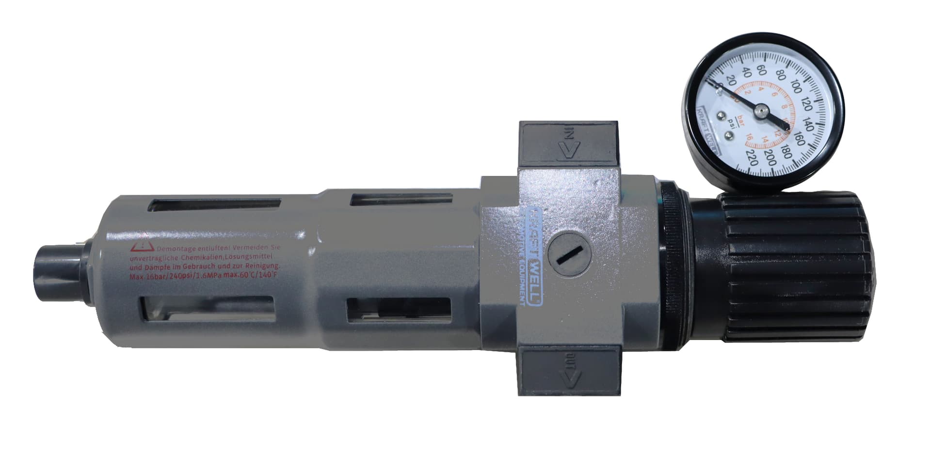 Фильтр-влагоотделитель с редуктором, 1/2″, до 16 бар, серия PRO KraftWell KRW-LFR12