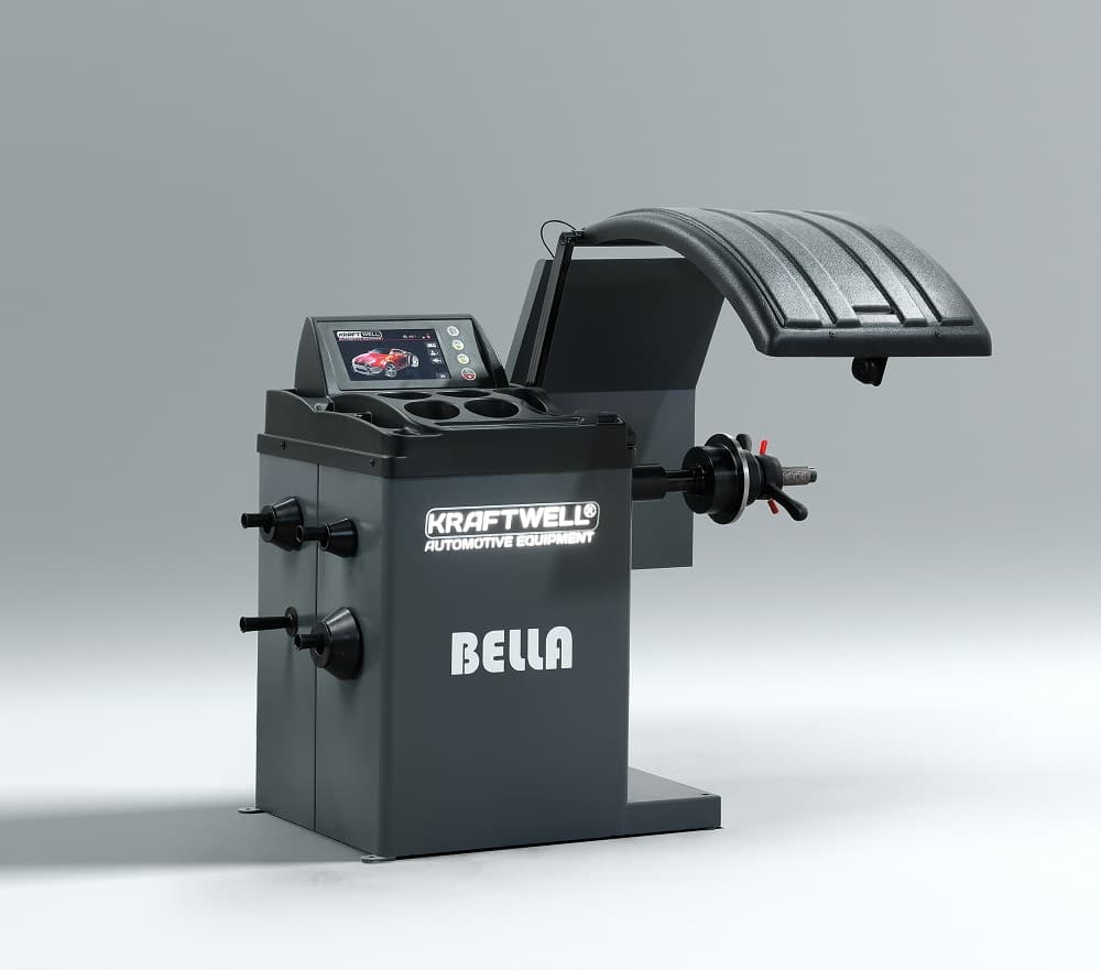 Балансировочный станок KraftWell BELLA KRW245E — вид спереди с колесом