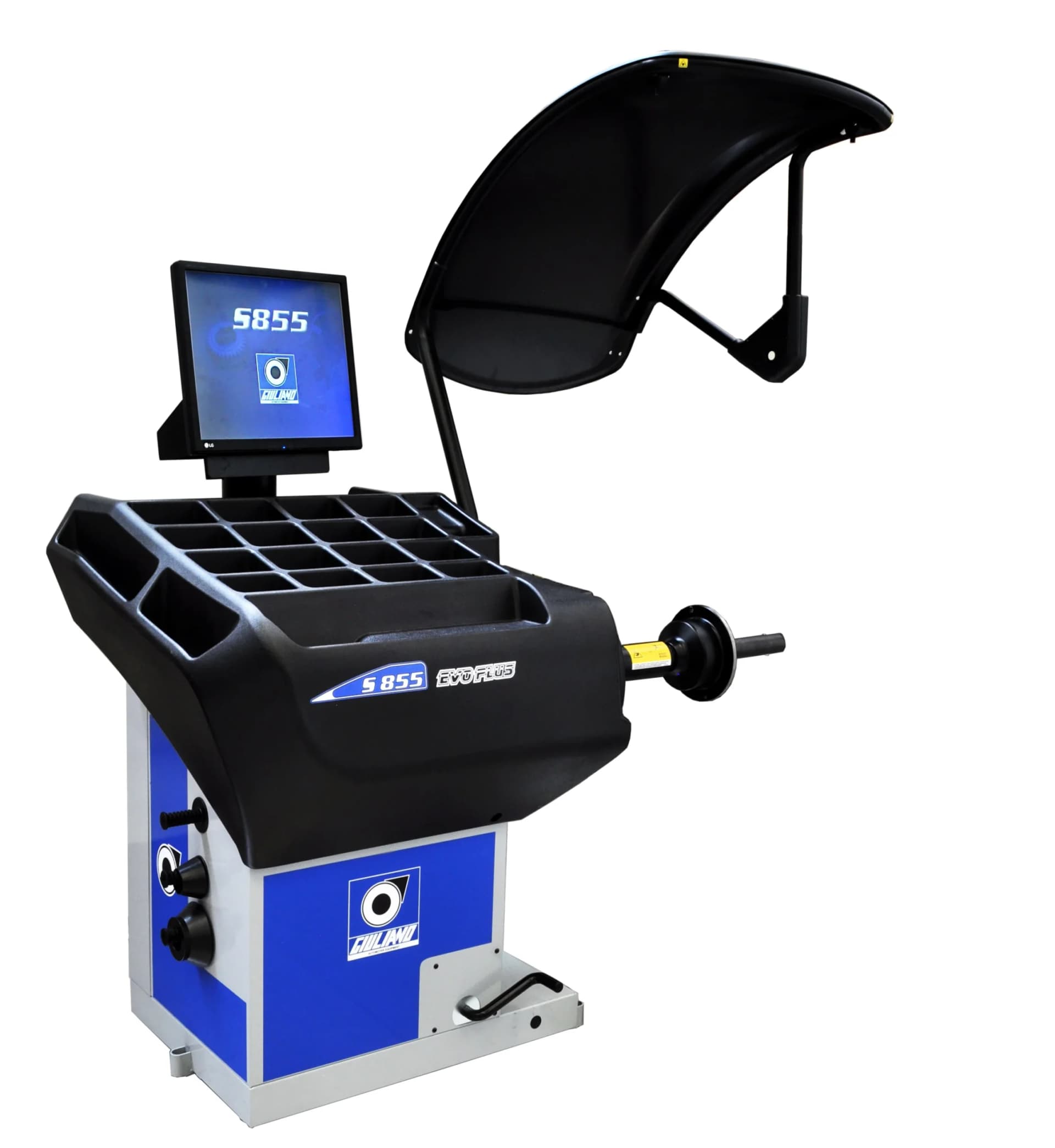 Балансировочный станок Giuliano S855 Evo Plus — общий вид с сенсорным 3D-дисплеем и пневмозажимом
