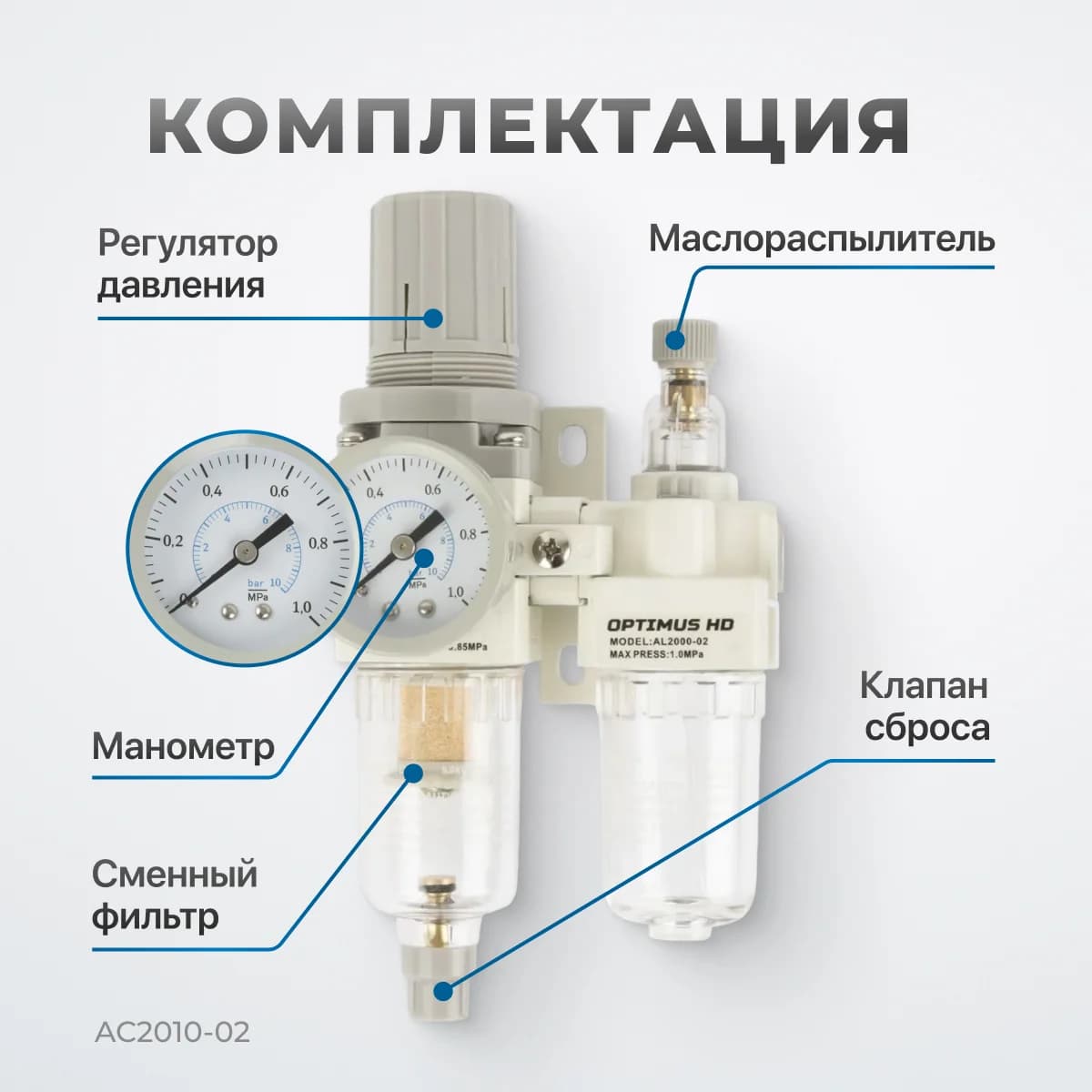 Блок подготовки воздуха 1/4″, фильтр + регулятор + маслораспылитель, 1750 л/мин Optimus AC2010-02