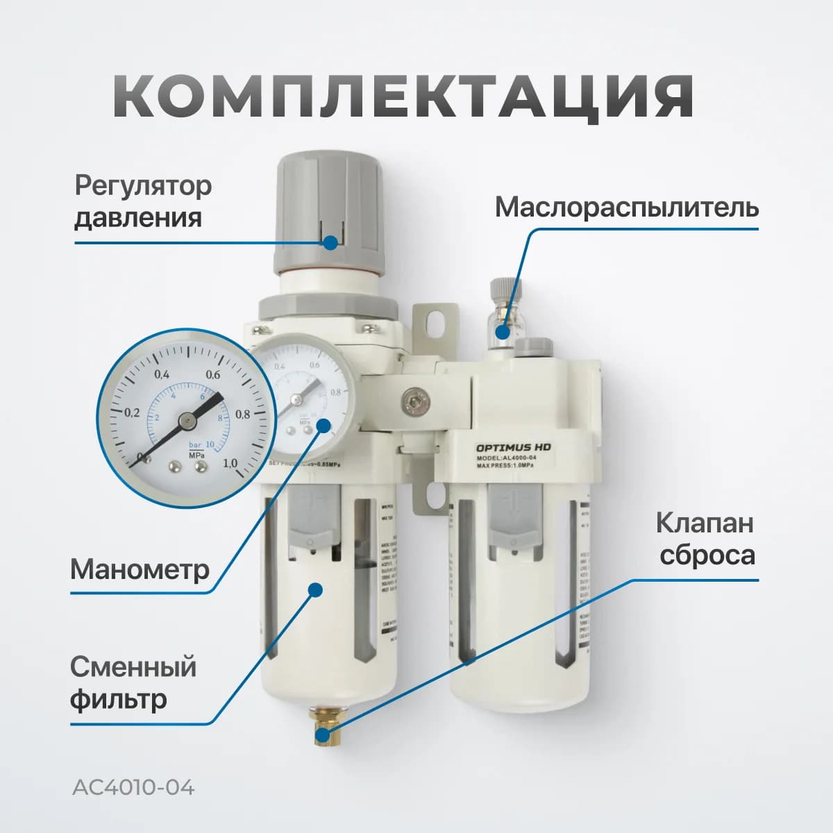 Блок подготовки воздуха 1/2″ фильтр + регулятор + маслораспылитель, 3000 л/мин Optimus AC4010-04