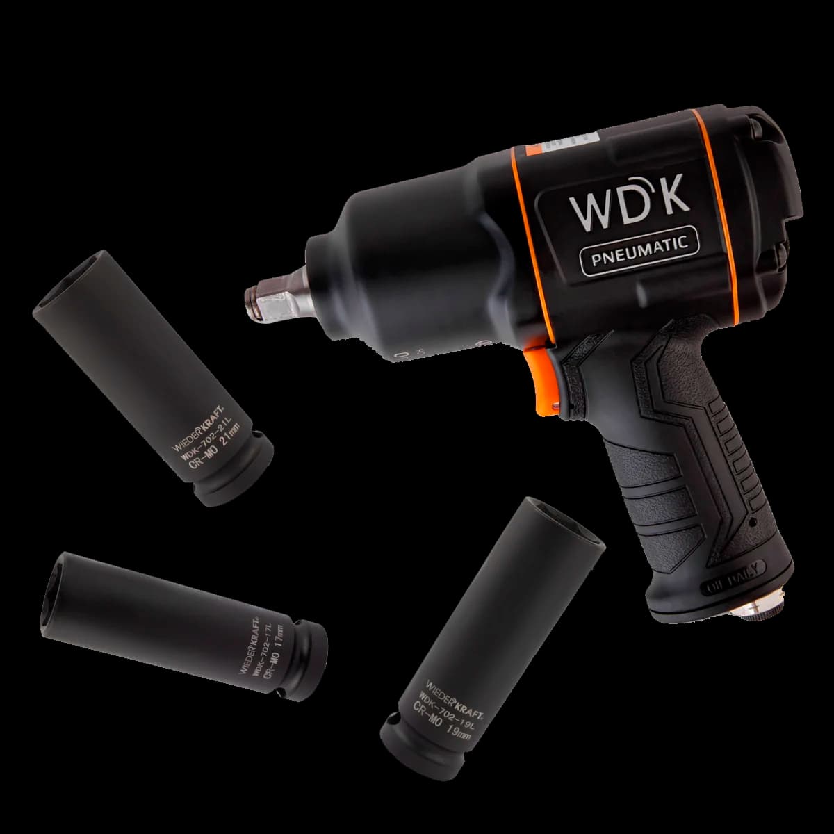 Пневмогайковерт ударный 1/2″ 1360 Нм, комплект головок 17/19/21 мм Wiederkraft WDK-20440L