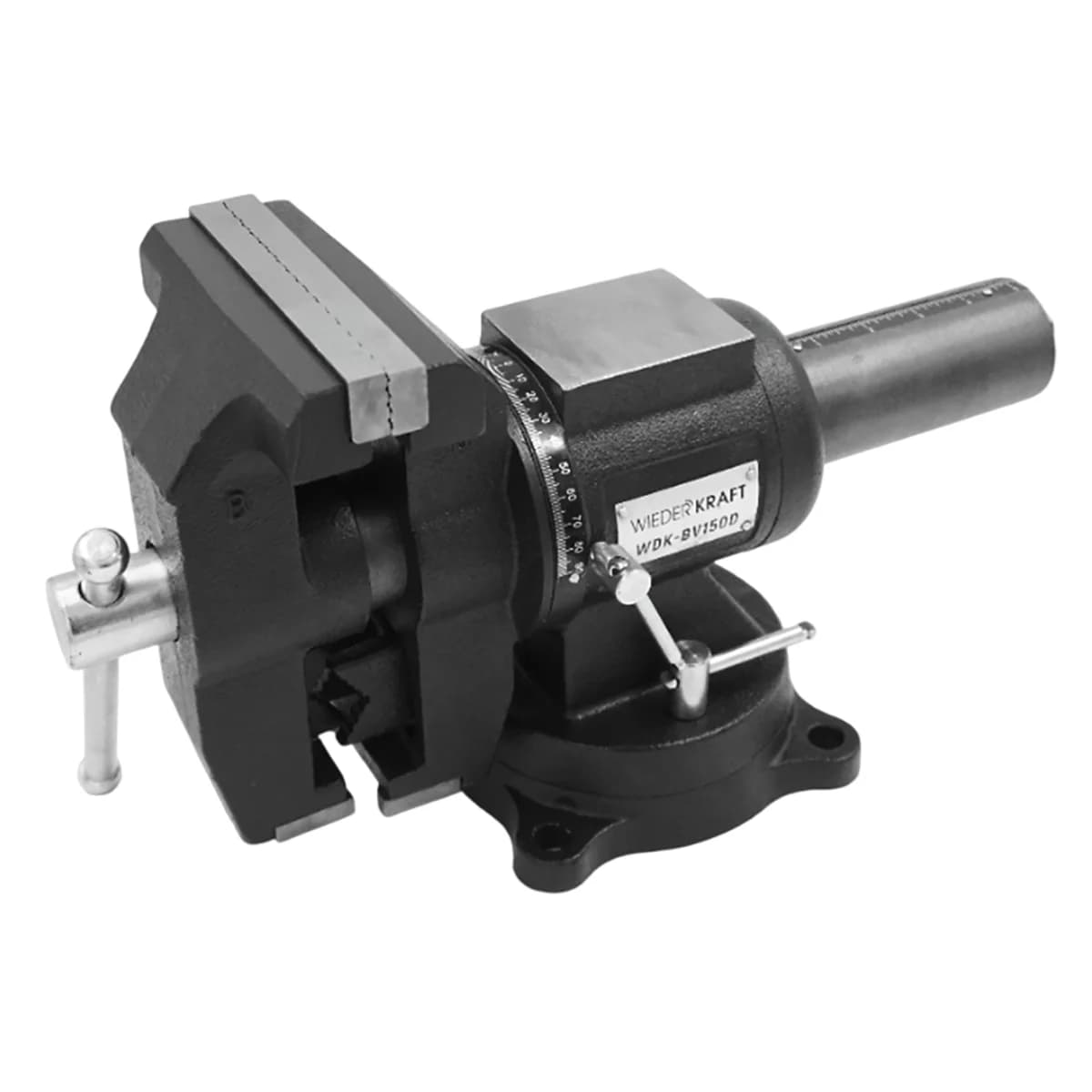 Поворотные слесарные тиски Wiederkraft WDK-BV150D на верстаке