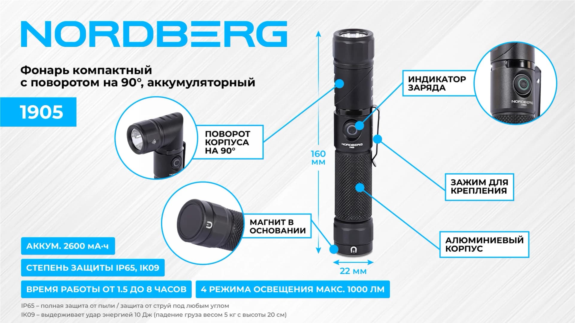 Фонарь аккумуляторный Nordberg 1905 — 1 000 лм / поворот 90° / IP65