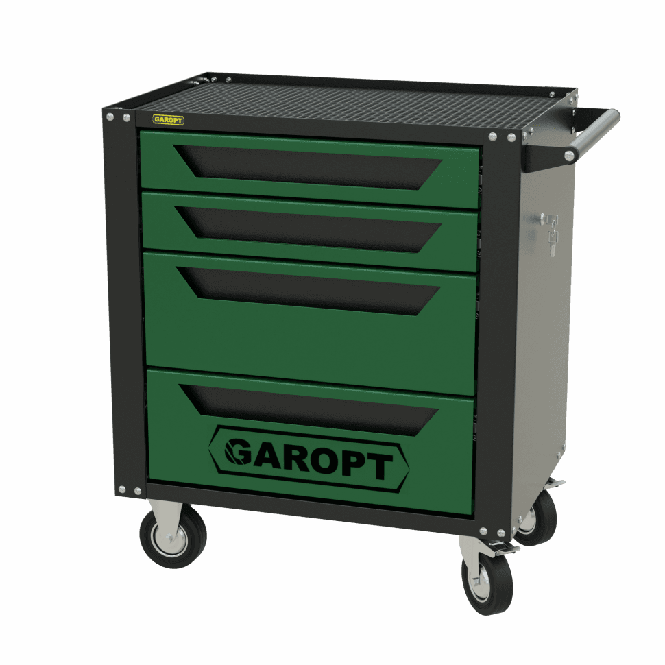 Тележка инструментальная Garopt 4 ящиков ЗЕЛЕНАЯ, центральный замок, увеличенные колеса, доводчики, GAROPT Серия «Standart»