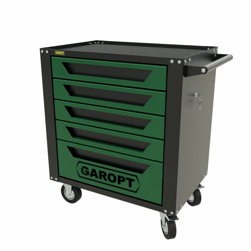 Тележка инструментальная Garopt 5 ящиков ЗЕЛЕНАЯ, центральный замок, увеличенные колеса, доводчики, GAROPT Серия «Standart»