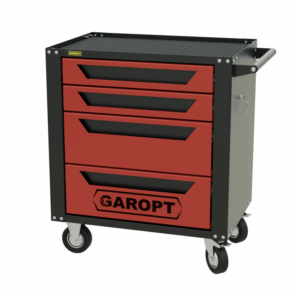 Тележка инструментальная Garopt 4 ящиков КРАСНАЯ, центральный замок, увеличенные колеса, доводчики, GAROPT Серия «Standart»