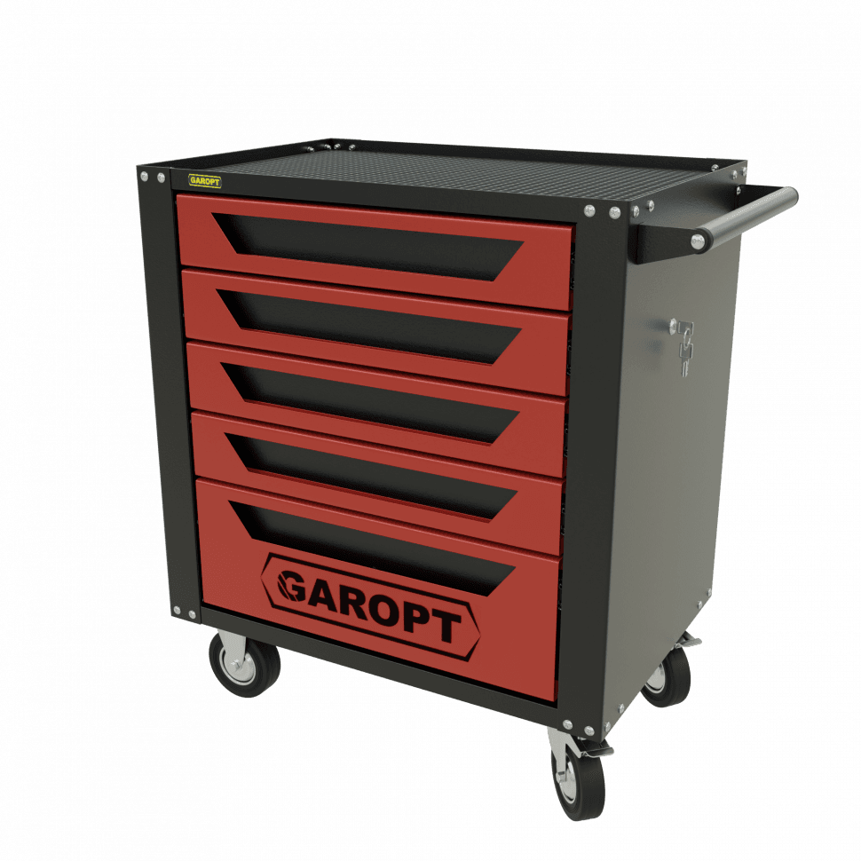 Тележка инструментальная Garopt 5 ящиков КРАСНАЯ, центральный замок, увеличенные колеса, доводчики, GAROPT Серия «Standart»