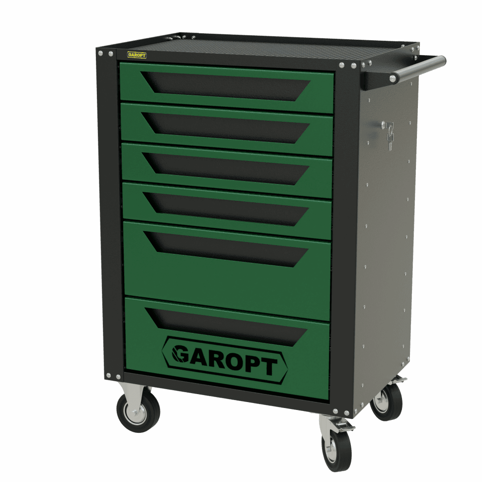 Тележка инструментальная Garopt 6 ящиков ЗЕЛЕНАЯ, центральный замок, увеличенные колеса, доводчики, GAROPT Серия «High», высота 1040мм