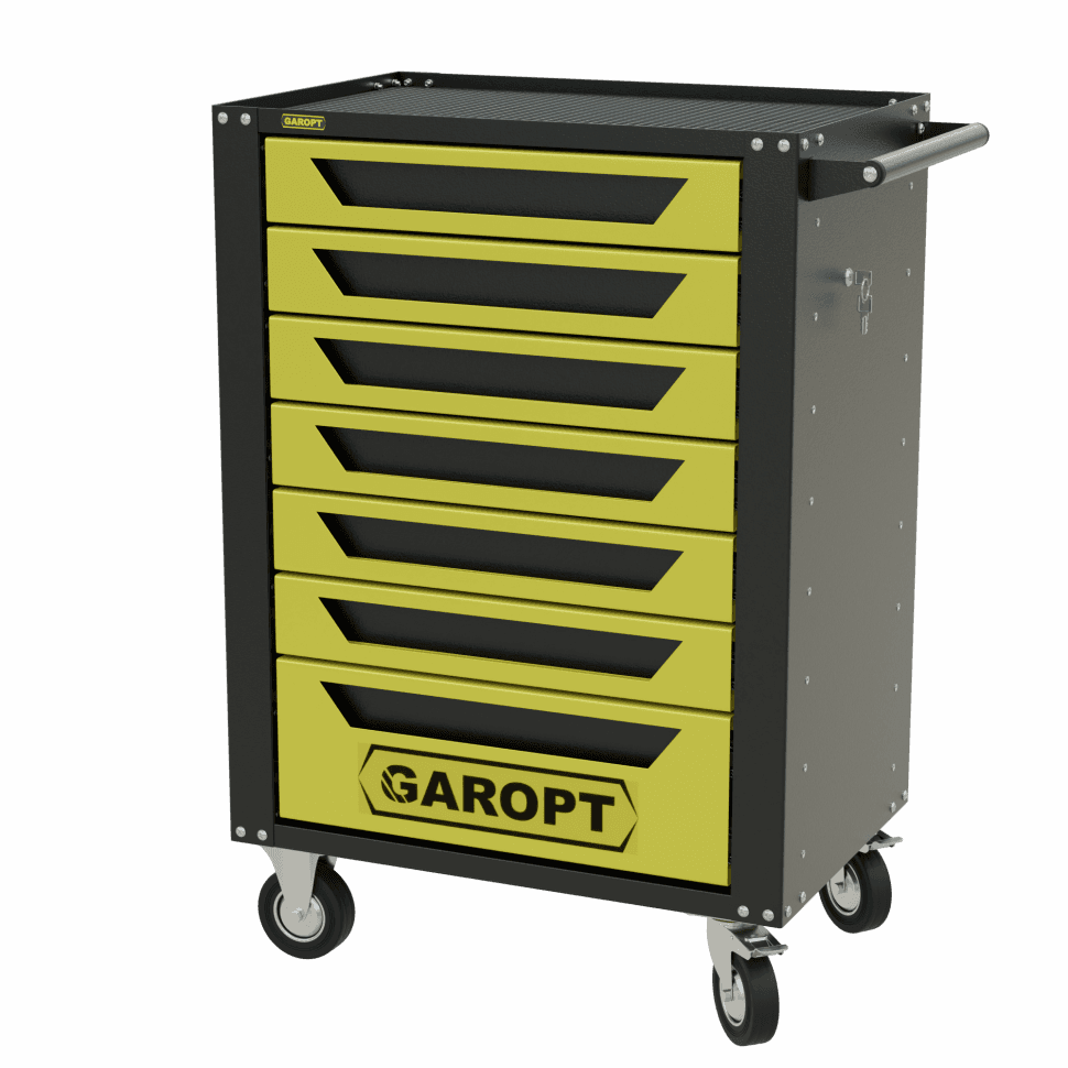 Тележка инструментальная Garopt 7 ящиков ЖЁЛТАЯ, центральный замок, увеличенные колеса, доводчики, GAROPT Серия «High», высота 1040мм