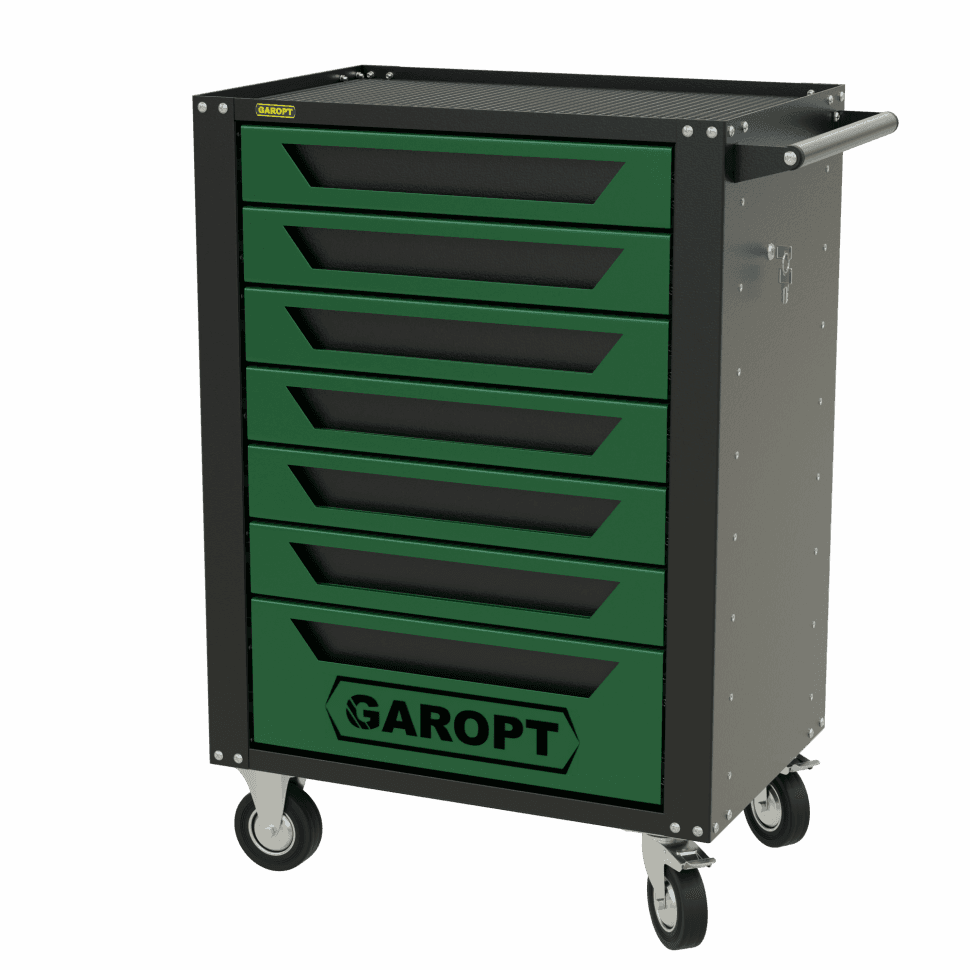 Тележка инструментальная Garopt 7 ящиков ЗЕЛЕНАЯ, центральный замок, увеличенные колеса, доводчики, GAROPT Серия «High», высота 1040мм