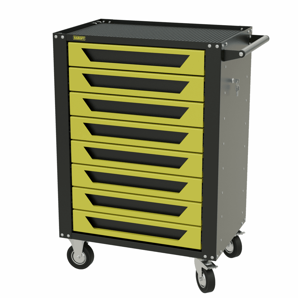 Тележка инструментальная Garopt 8 ящиков ЖЁЛТАЯ, центральный замок, увеличенные колеса, доводчики, GAROPT Серия «High», высота 1040мм