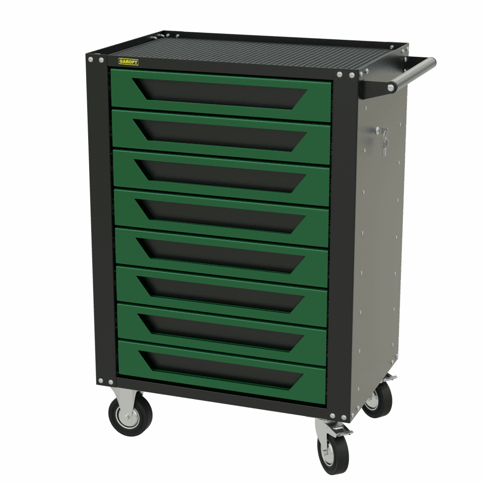 Тележка инструментальная Garopt 8 ящиков ЗЕЛЕНАЯ, центральный замок, увеличенные колеса, доводчики, GAROPT Серия «High», высота 1040мм