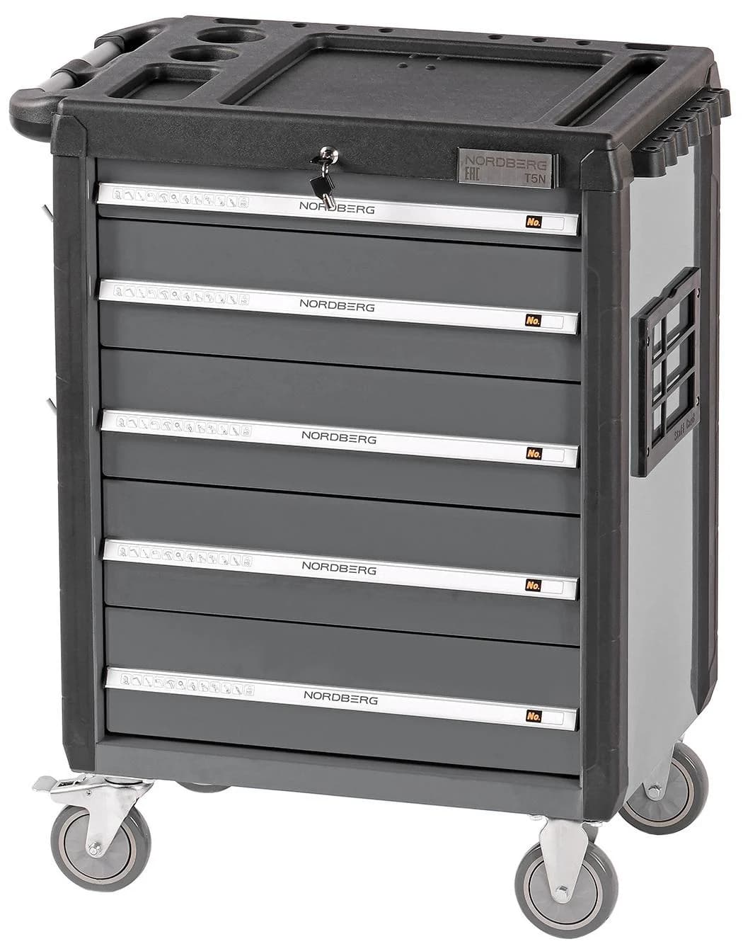 Тележка NORDBERG T5N — 5 ящиков нагрузка 350 кг замок в каждом ящике серая 800×470×980 мм