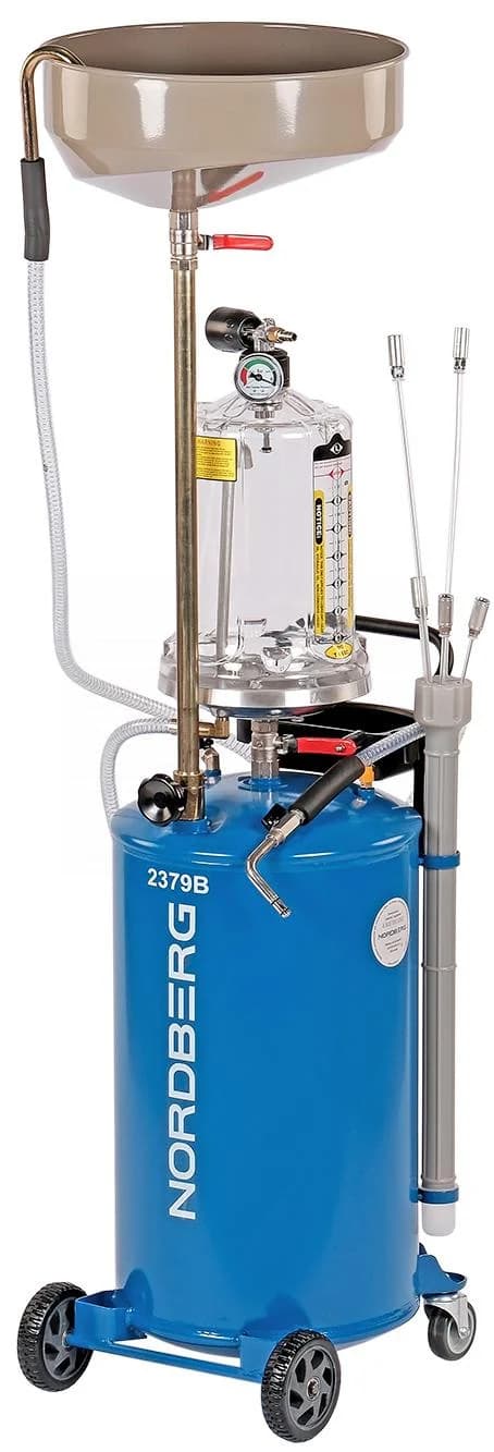 Установка для сбора масла Nordberg 2379B — пневматическая, 65 л, синяя, с осмотровой колбой