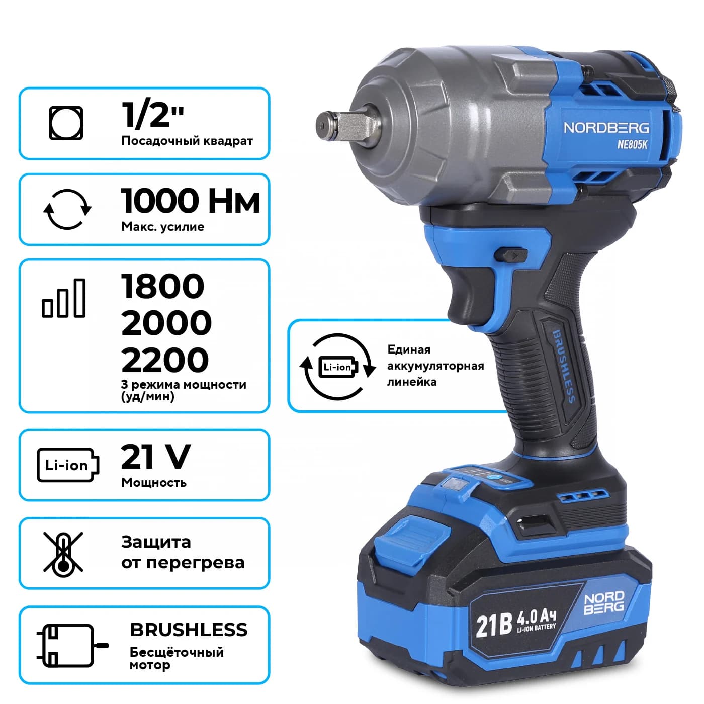 Гайковерт аккумуляторный NORDBERG NE805K — 1/2″, 1000 Нм, 21 В, 2 аккум.