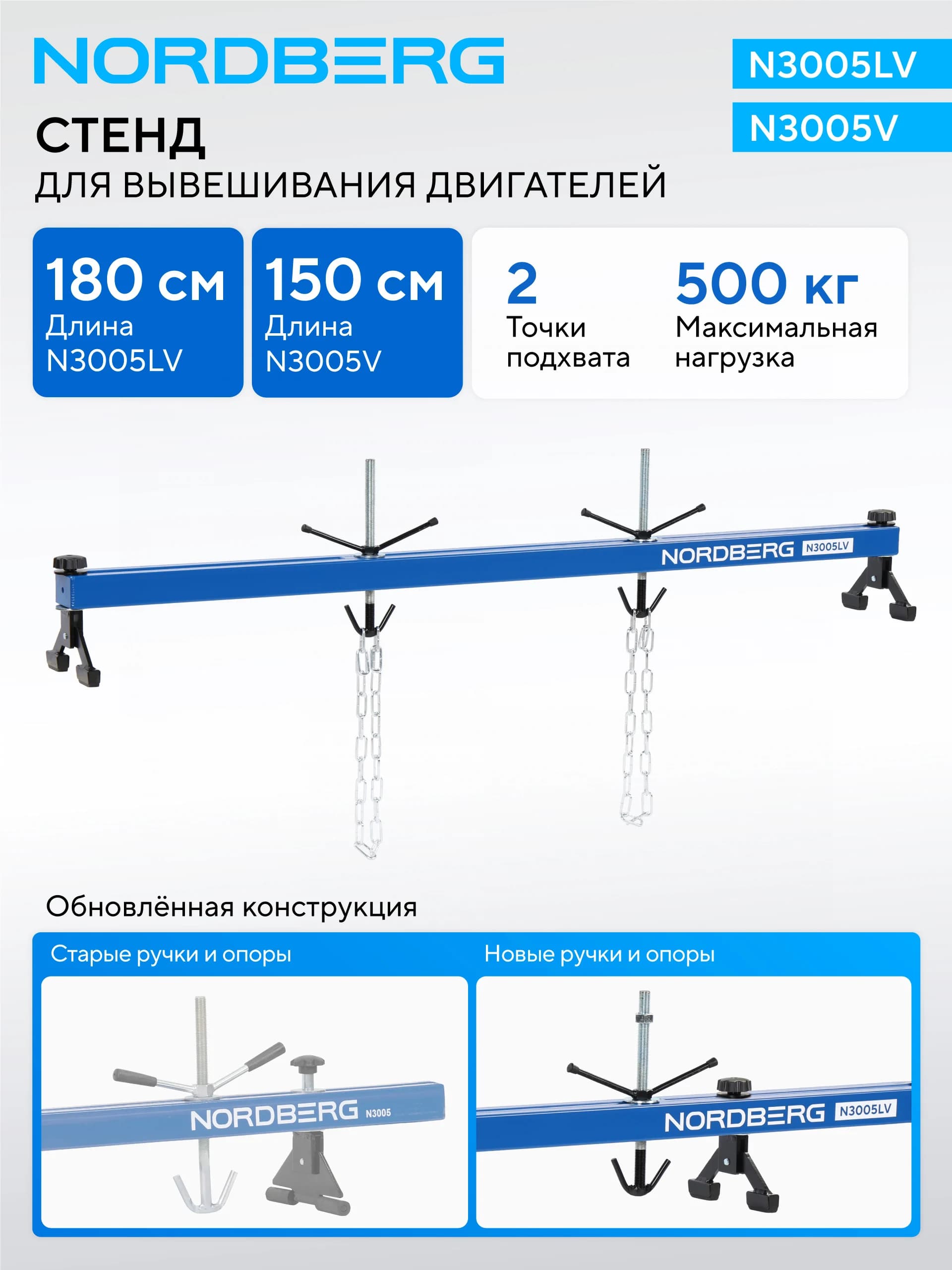 Стенд для вывешивания двигателя Nordberg N3005LV — 500 кг, длина 180 см
