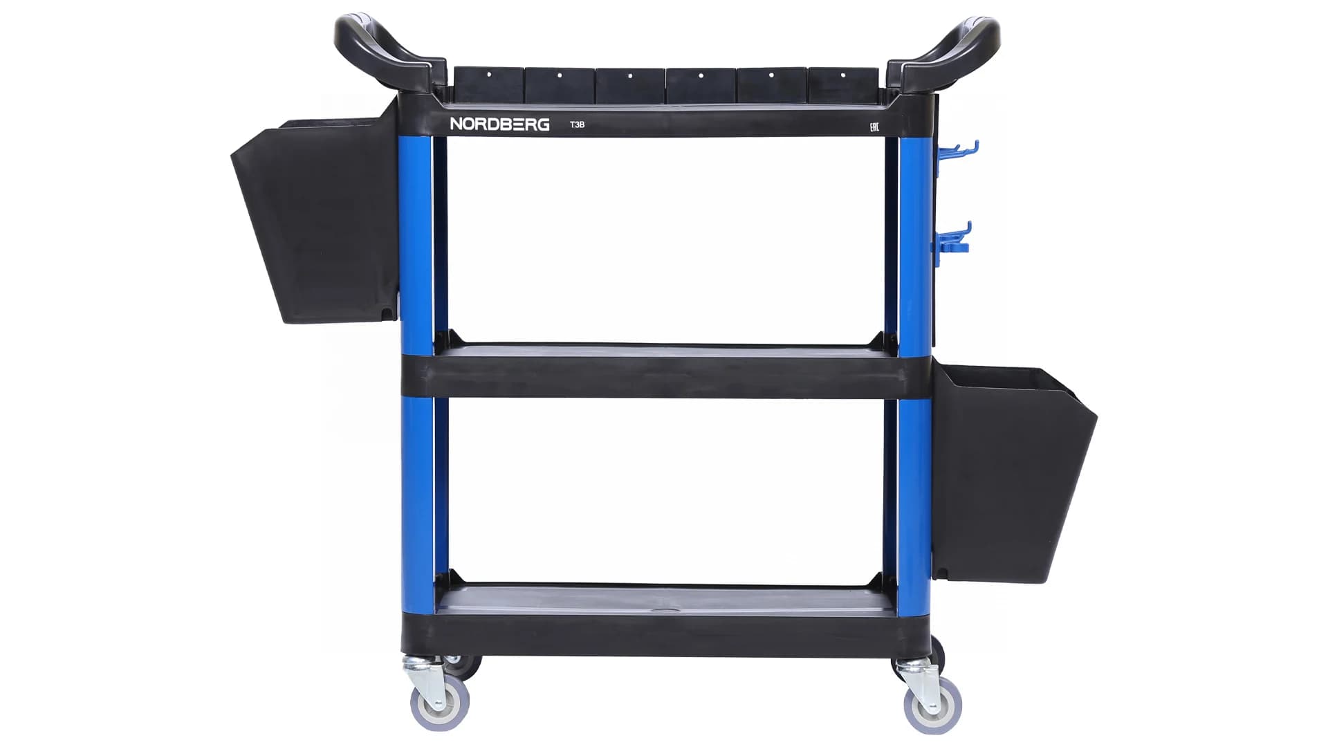 Тележка NORDBERG T3B — 3 полки + 2 съёмных ящика пластиковая синяя 550×850×1150 мм