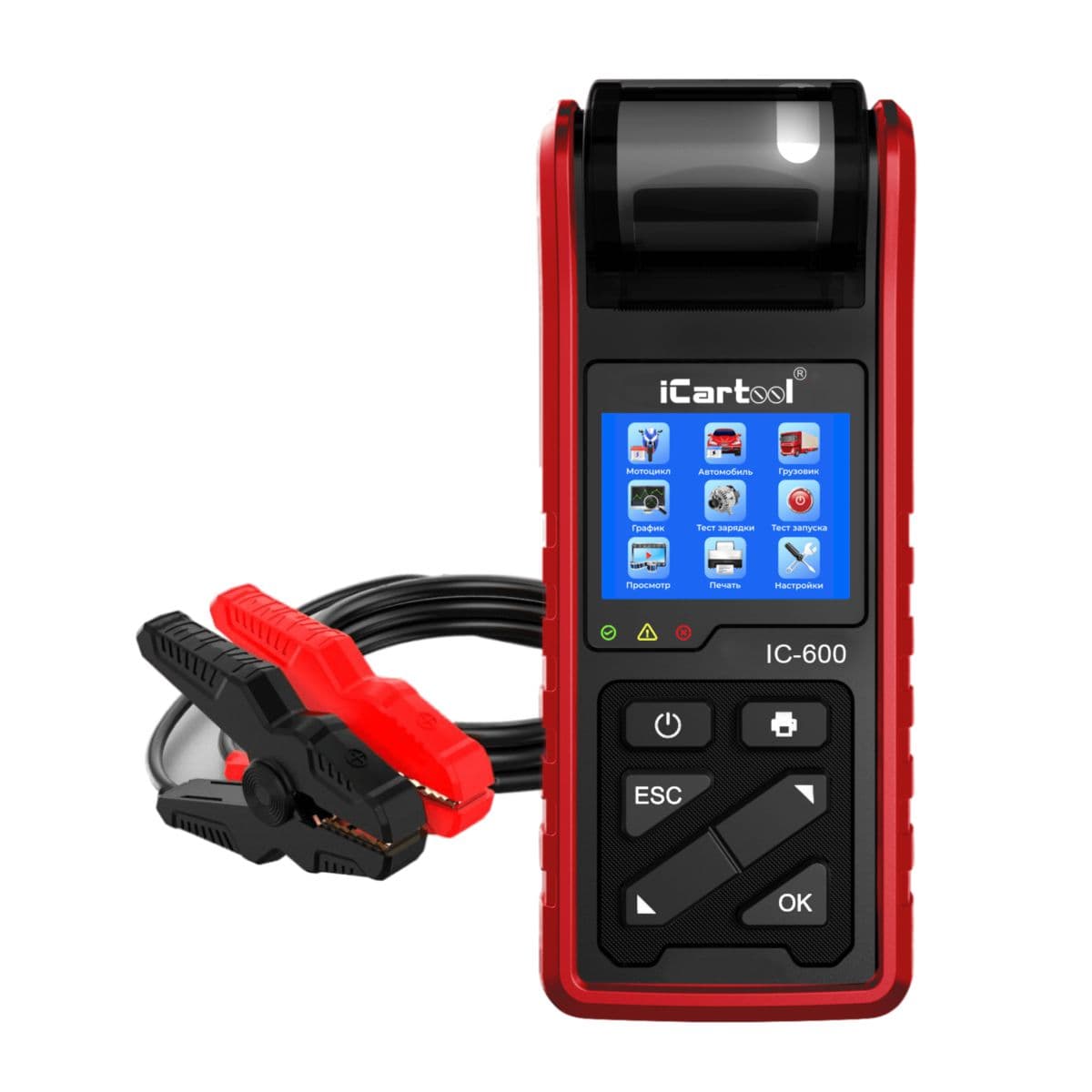 Экран тестера АКБ iCartool IC-600 с результатами диагностики
