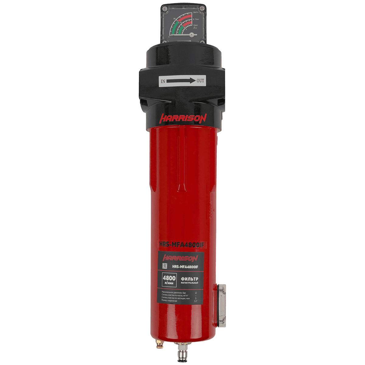 HRS-MFB4800IF Фильтр магистральный 1 мкм с дифференциальным манометром, 4800 л/мин, 12 бар, G 1″, остаточное содержание масла 0,6 мг/м3