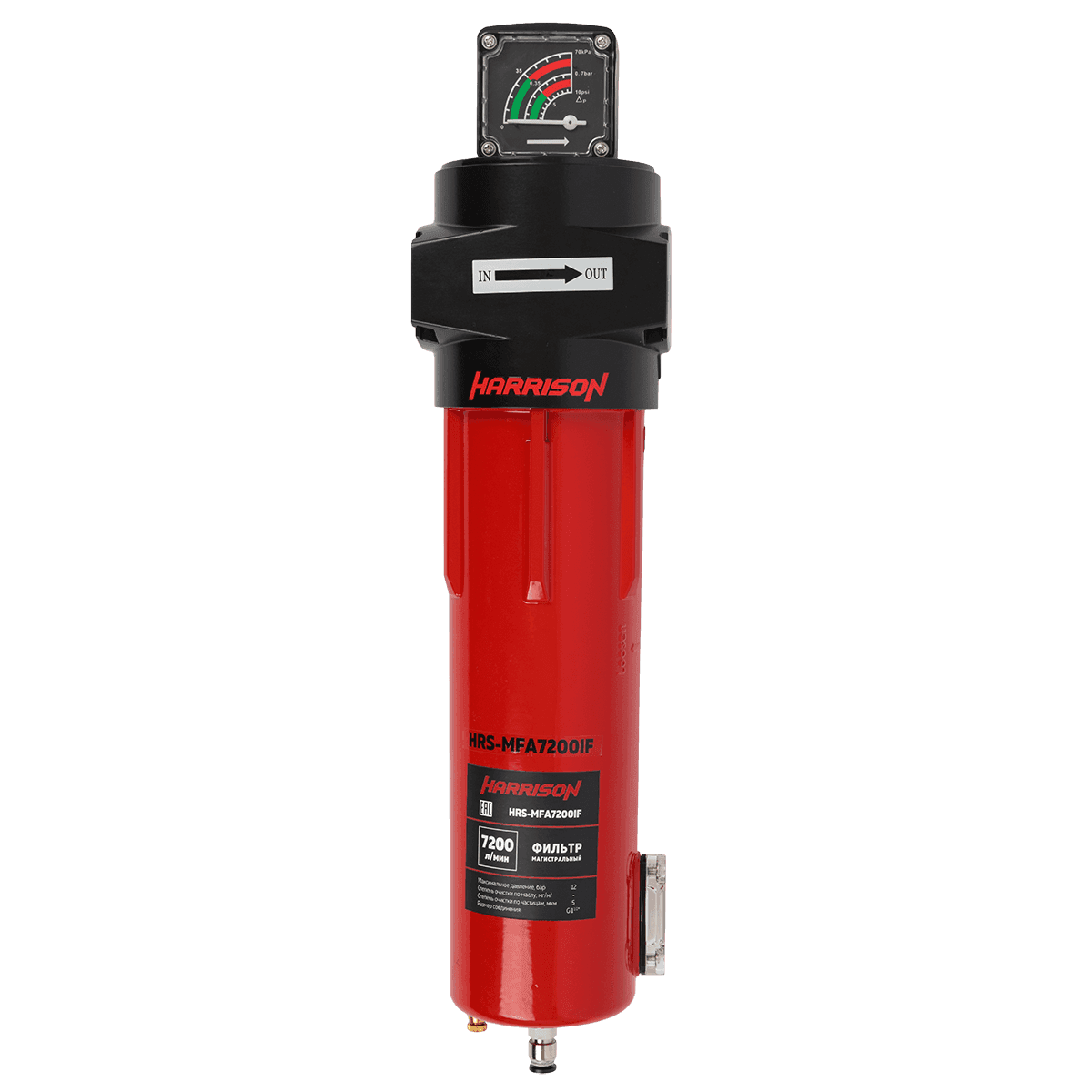 HRS-MFD7200IF Фильтр магистральный 0,01 мкм с дифференциальным манометром, 7200 л/мин, 12 бар, G 1 1/2″, остаточное содержание масла: 0,001 мг/м3