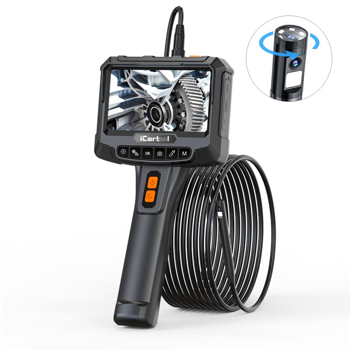Видеоэндоскоп промышленный, экран 5″, 2Мп, 1920х1080, 1м, 8 мм зонд, вращение камеры iCartool IC-VC700R