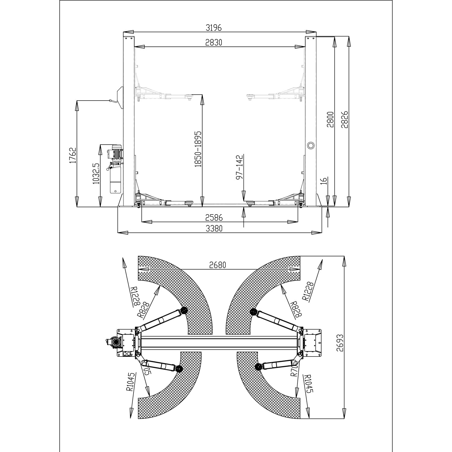 Автоподъемник двухстоечный ROSSVIK T4H г/п 4.0т, 380В, электрогидравлический с нижней синхронизацией