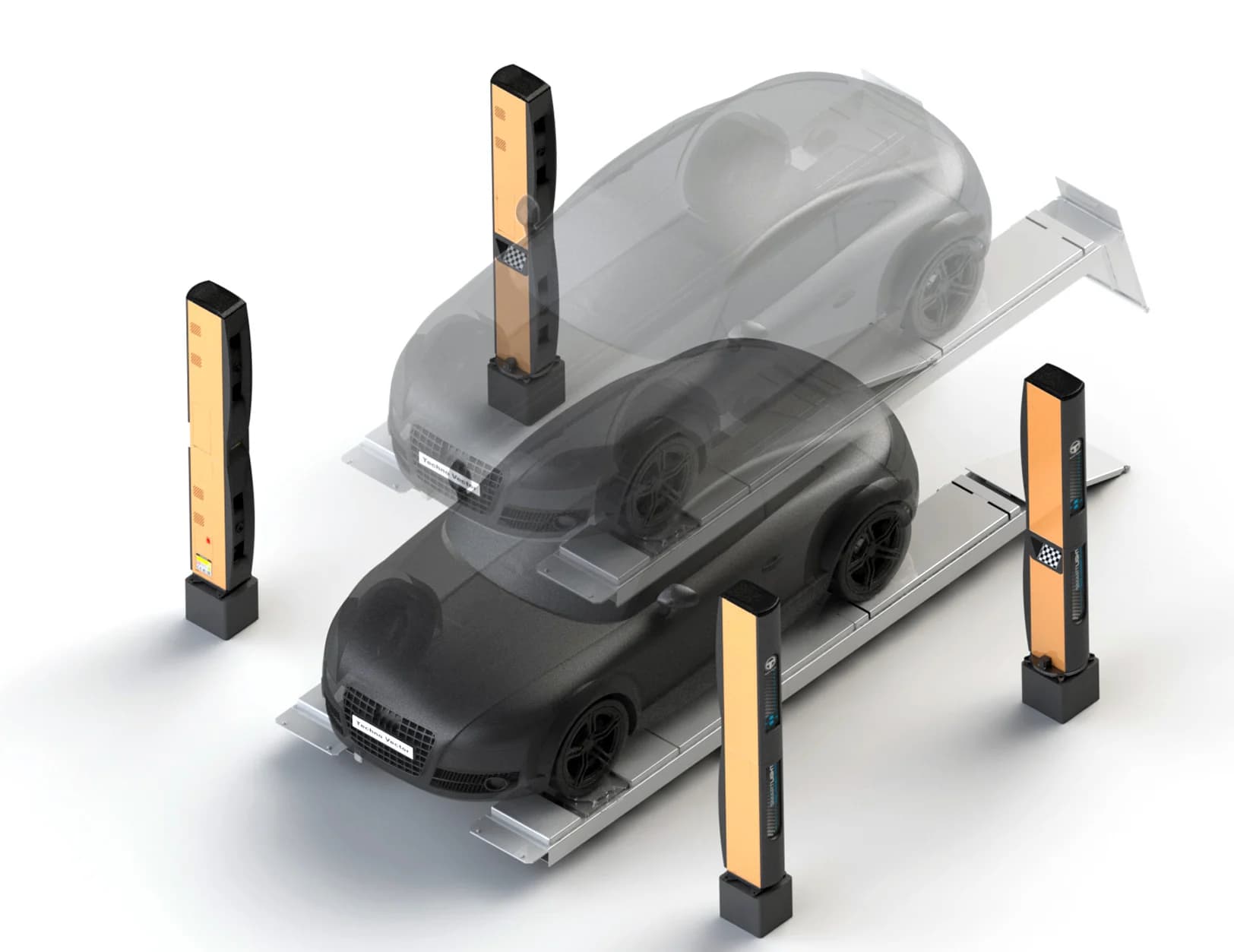 Бесконтактный стенд сход-развал ТехноВектор 8 8218 — общий вид на подъёмнике