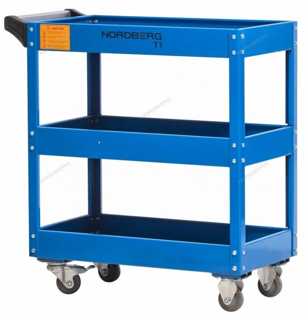 Тележка NORDBERG T1 — 3 открытые полки нагрузка 60 кг/полку стальная синяя 800×385×830 мм