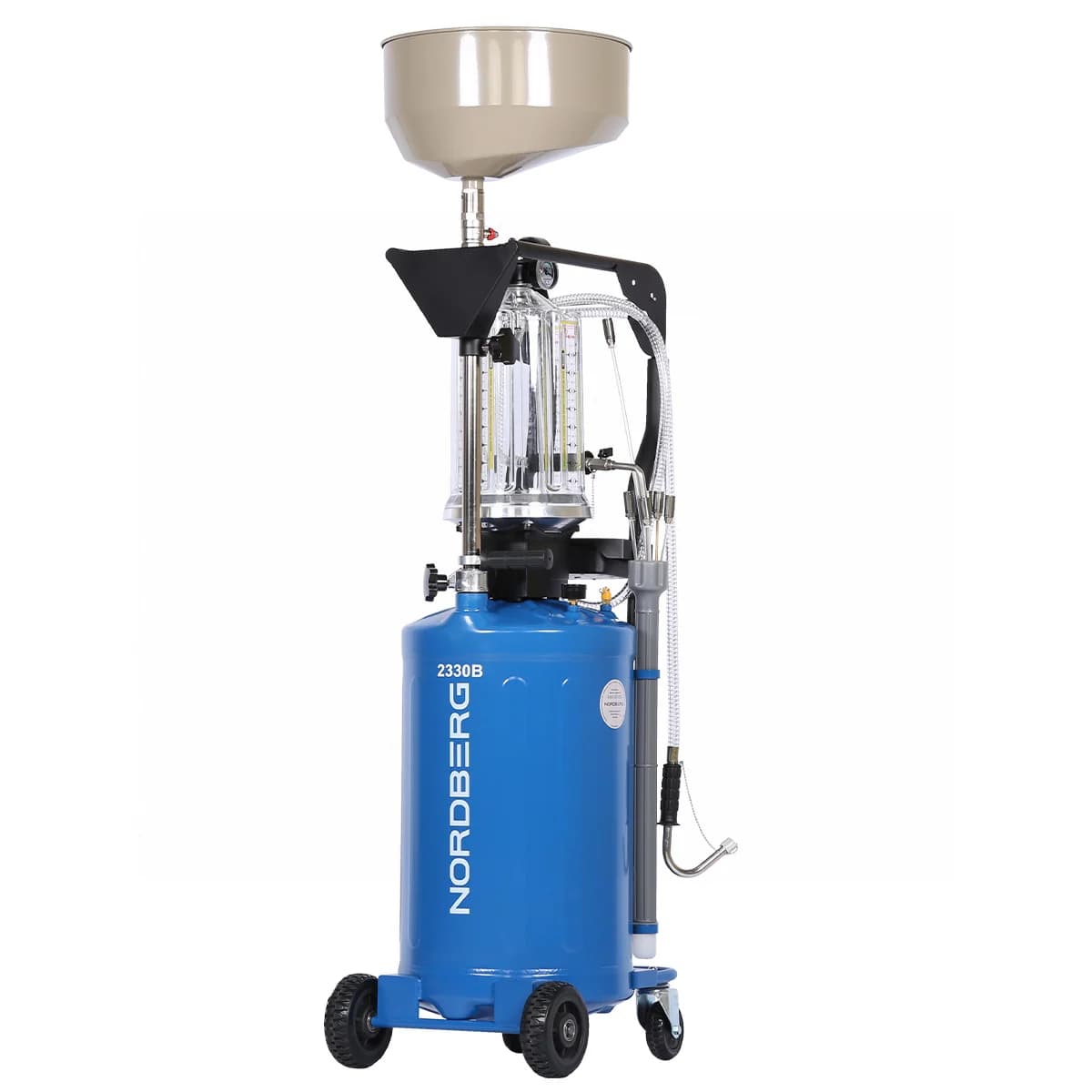 Установка для сбора масла Nordberg 2380B — пневматическая, 80 л, синяя, с осмотровой колбой