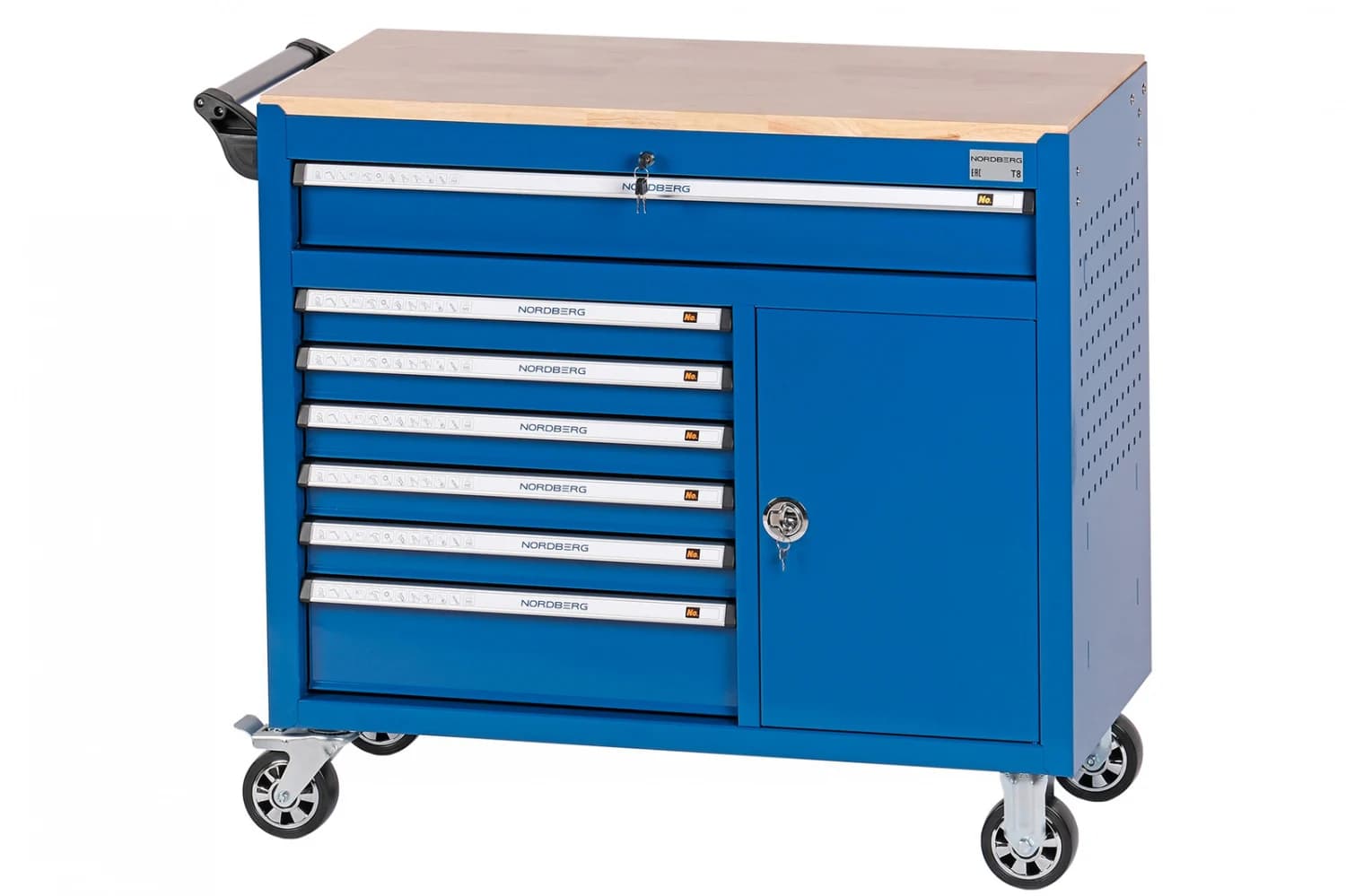 Тележка NORDBERG T8 — 7 ящиков с пегбордом столешница из дерева 25 мм нагрузка 300 кг синяя