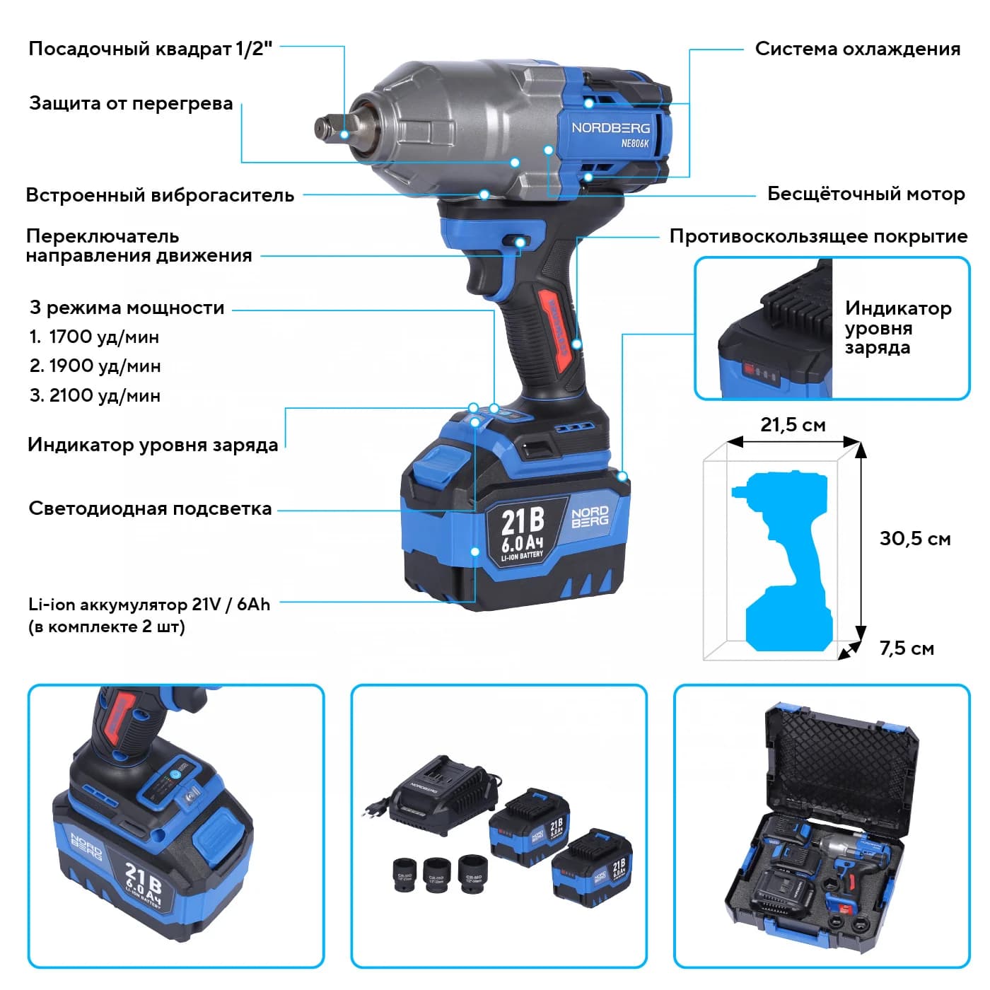 Гайковерт аккумуляторный NORDBERG NE806K — 1/2″, 1500 Нм, 6 Ач