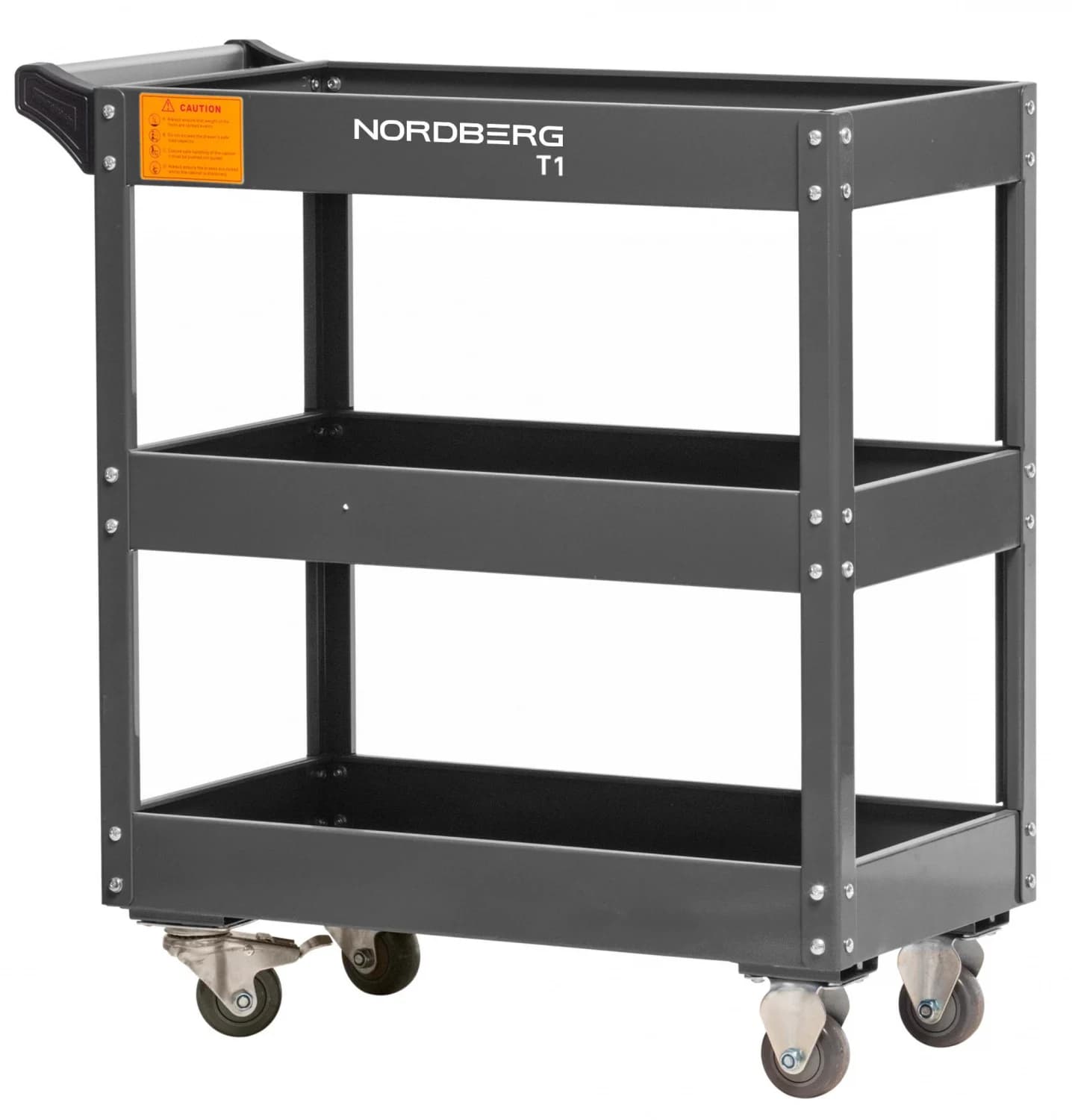 Тележка NORDBERG T1 — 3 открытые полки нагрузка 60 кг/полку стальная серая 800×385×830 мм