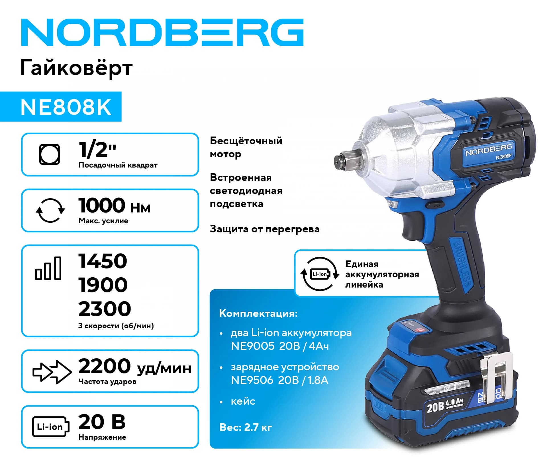 Гайковерт аккумуляторный NORDBERG NE808K — 1/2″, 1000 Нм, 20 В, 2 аккум.