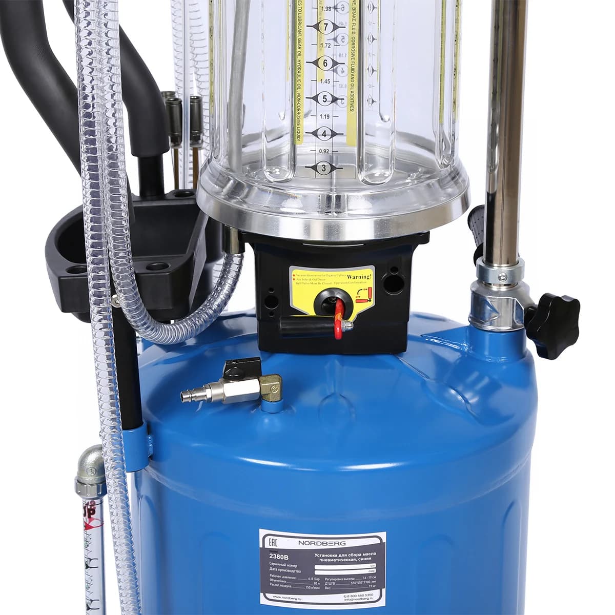 Установка для сбора масла Nordberg 2380B — пневматическая, 80 л, синяя, с осмотровой колбой