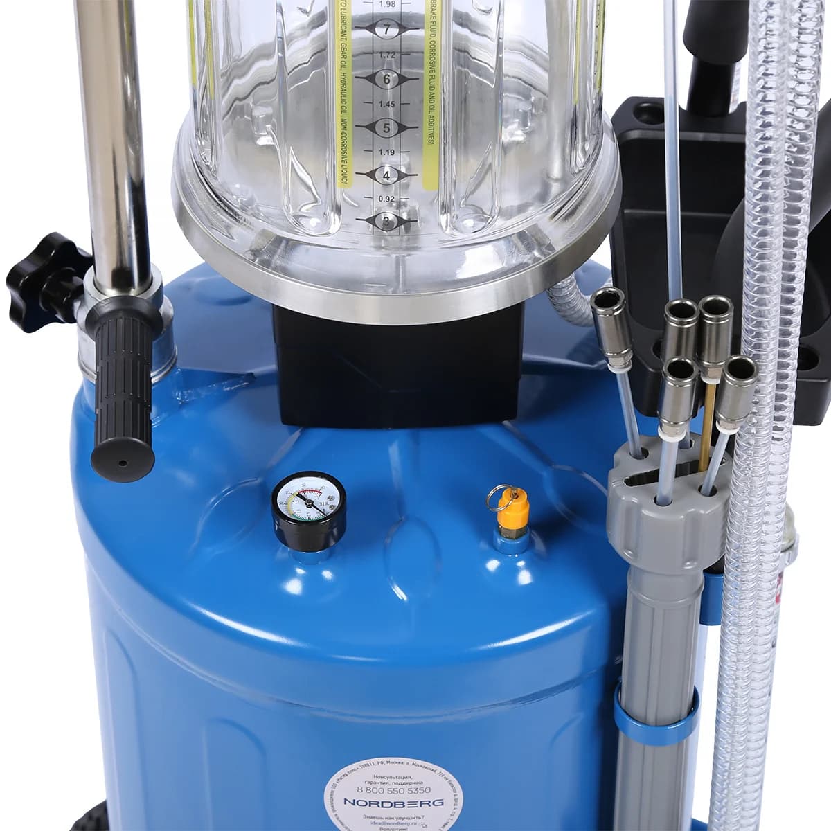 Установка для сбора масла Nordberg 2380B — пневматическая, 80 л, синяя, с осмотровой колбой
