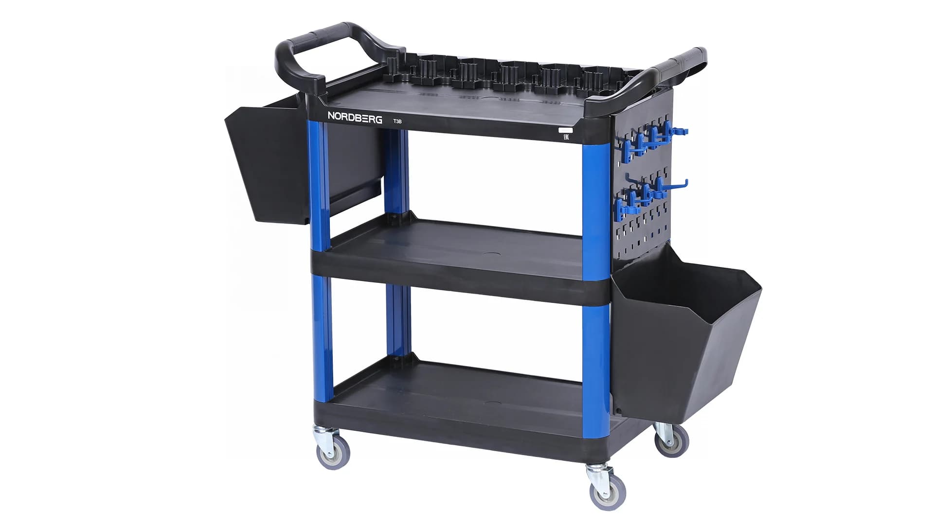 Тележка NORDBERG T3B — 3 полки + 2 съёмных ящика пластиковая синяя 550×850×1150 мм