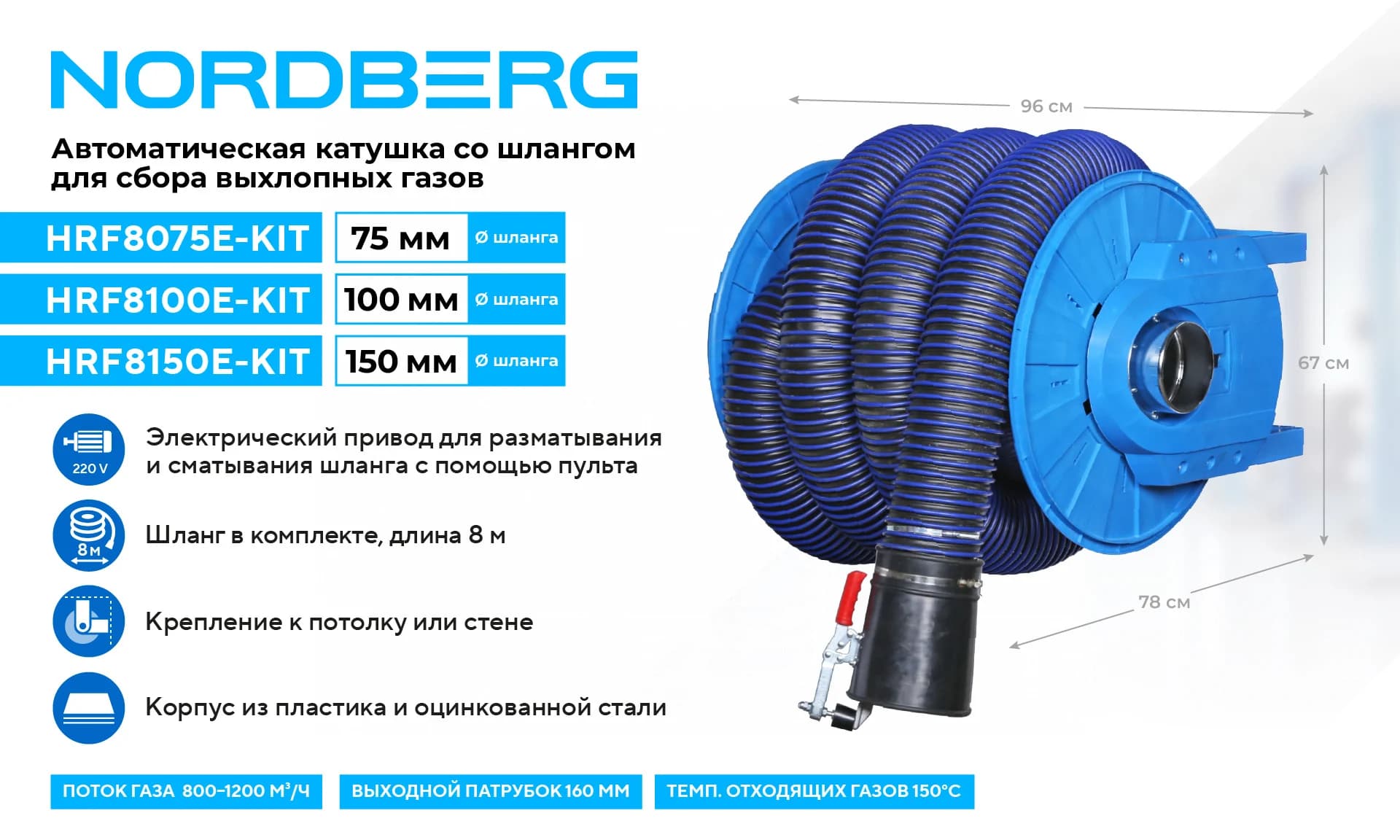 Катушка NORDBERG HRF8100E-KIT — автоматическая для выхлопных газов шланг 8 м Ø100 мм с насадкой