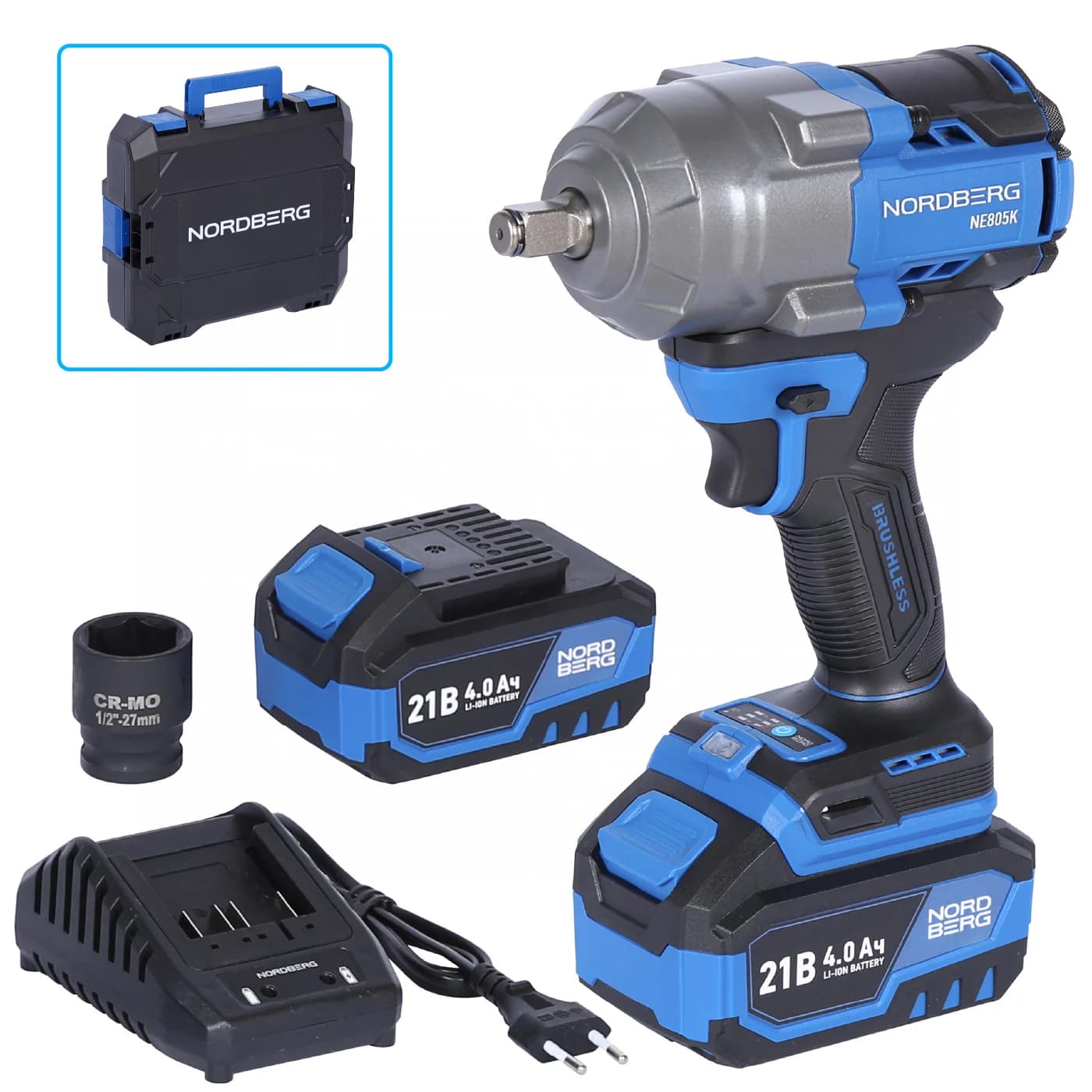 Гайковерт аккумуляторный NORDBERG NE805K — 1/2″, 1000 Нм, 21 В, 2 аккум.