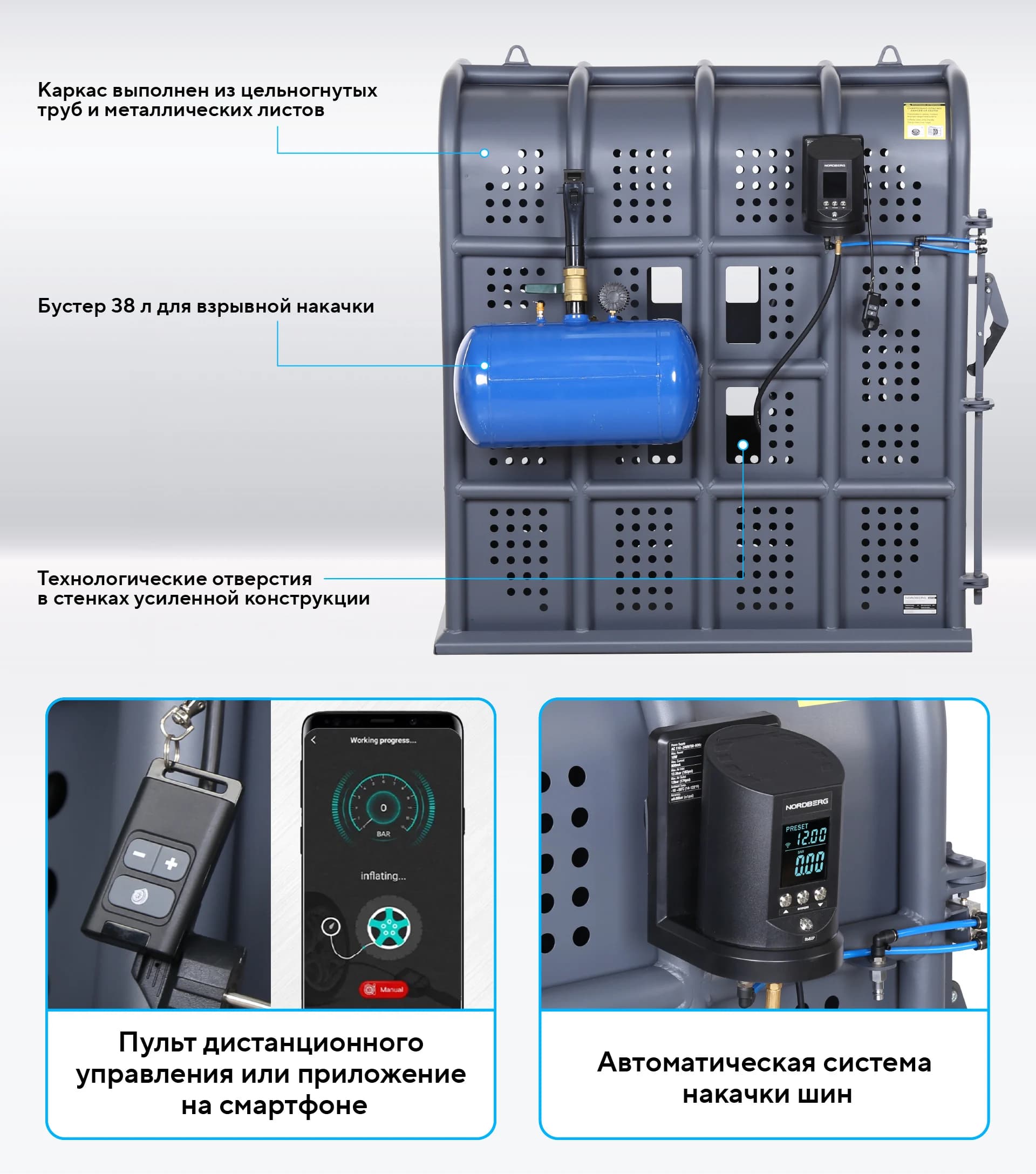 Клеть NORDBERG 46TC12 — для накачки грузовых колёс до 12 бар Ø118 см с бустером и автоподкачкой
