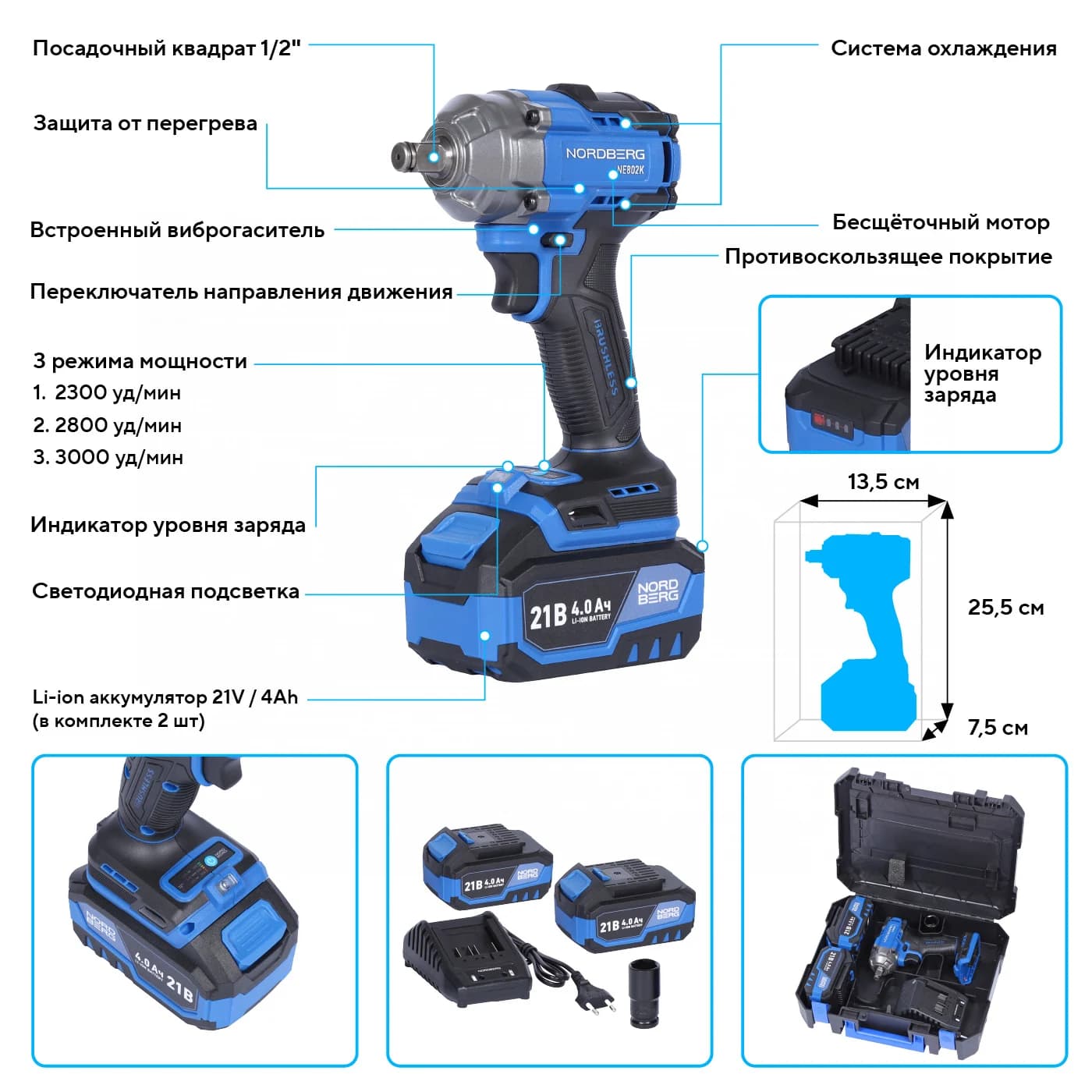 Гайковерт аккумуляторный NORDBERG NE802K — 1/2″, 500 Нм, 21 В