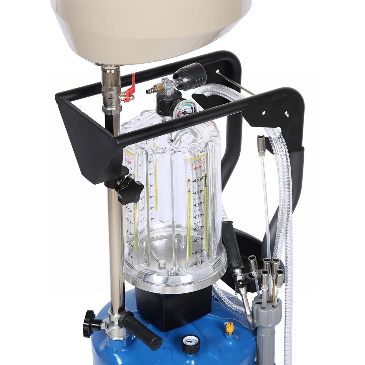 Установка для сбора масла Nordberg 2380B — пневматическая, 80 л, синяя, с осмотровой колбой