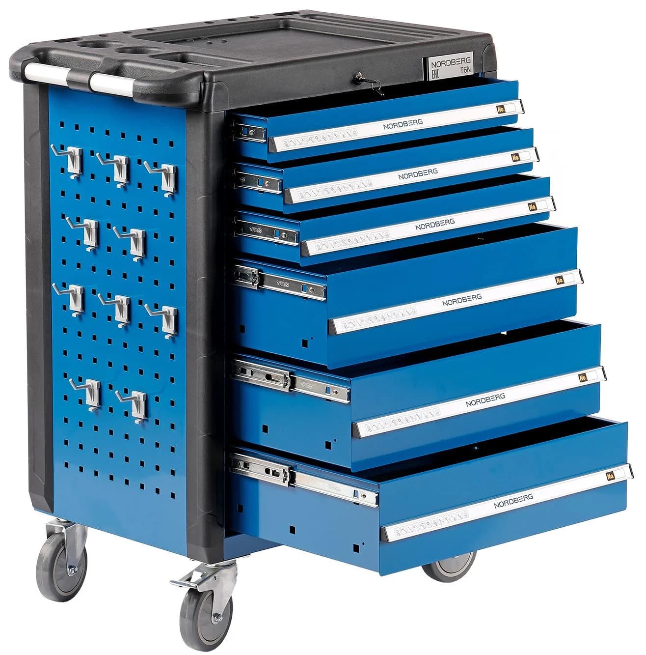 Тележка NORDBERG T6N — 6 ящиков нагрузка 350 кг замок в каждом ящике синяя 800×470×980 мм