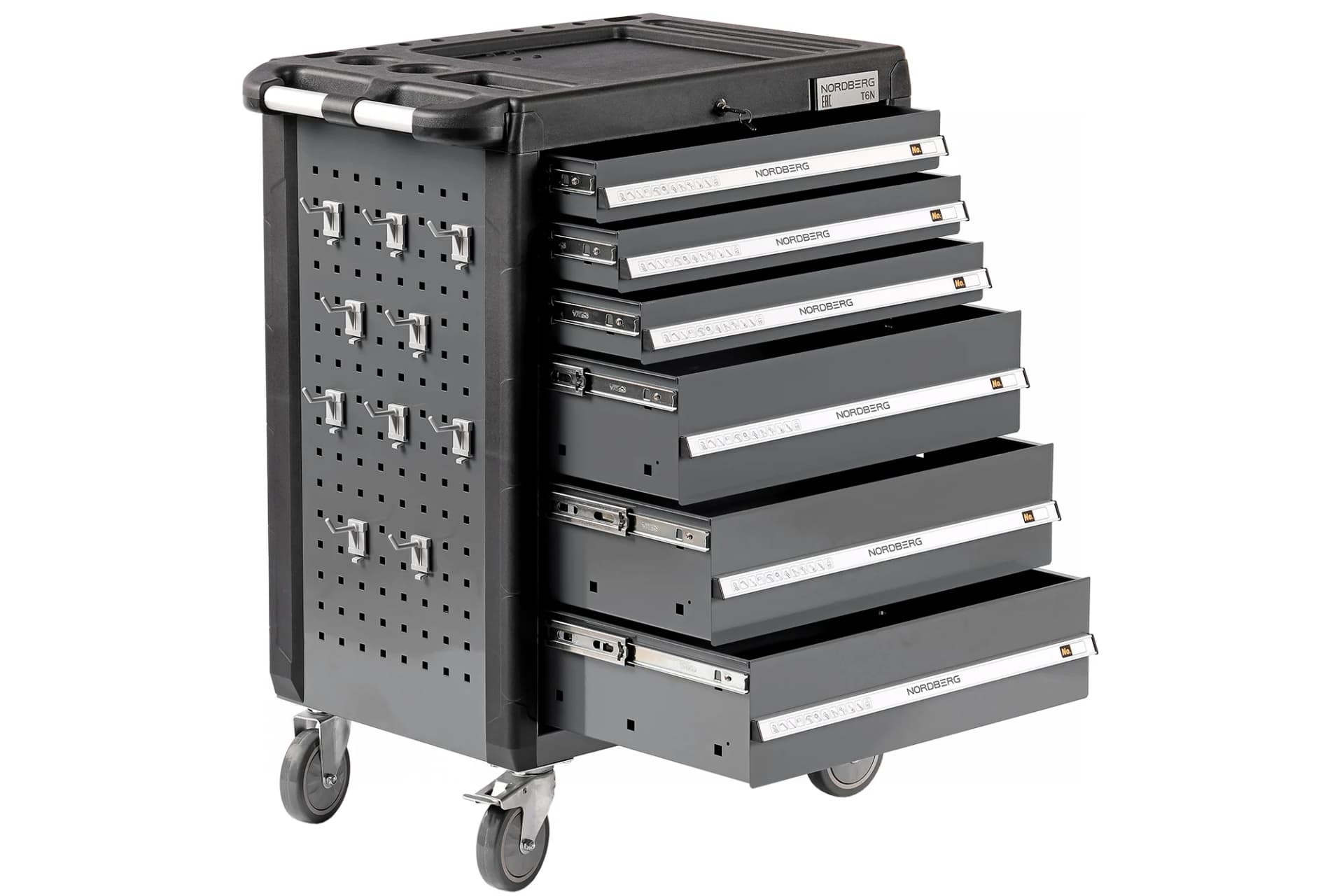 Тележка NORDBERG T6N — 6 ящиков нагрузка 350 кг замок в каждом ящике серая 800×470×980 мм